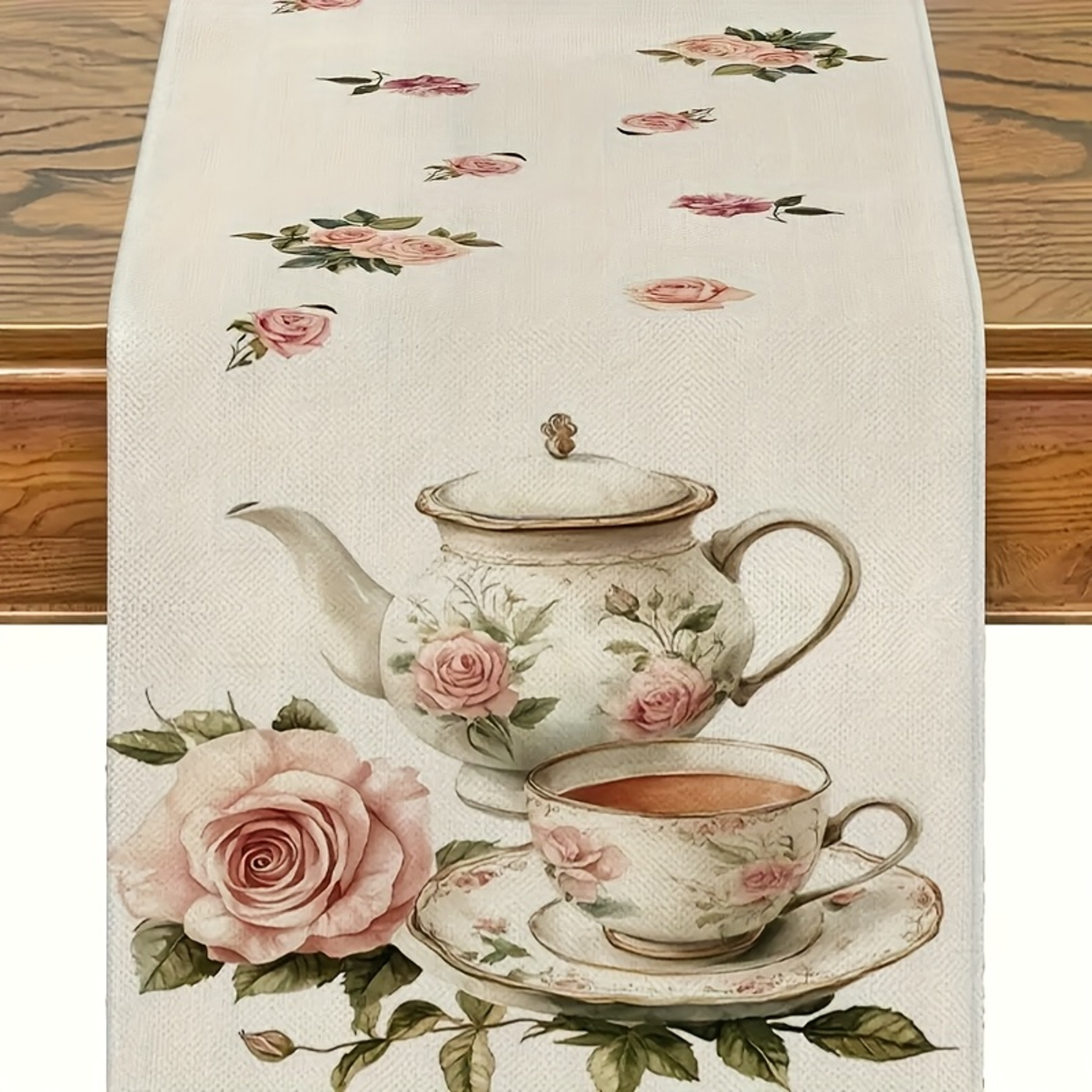 Retro British Table Runner With Delicate Tea Sets  Pink Rose Pattern Elegant Home  Party Decor 4
