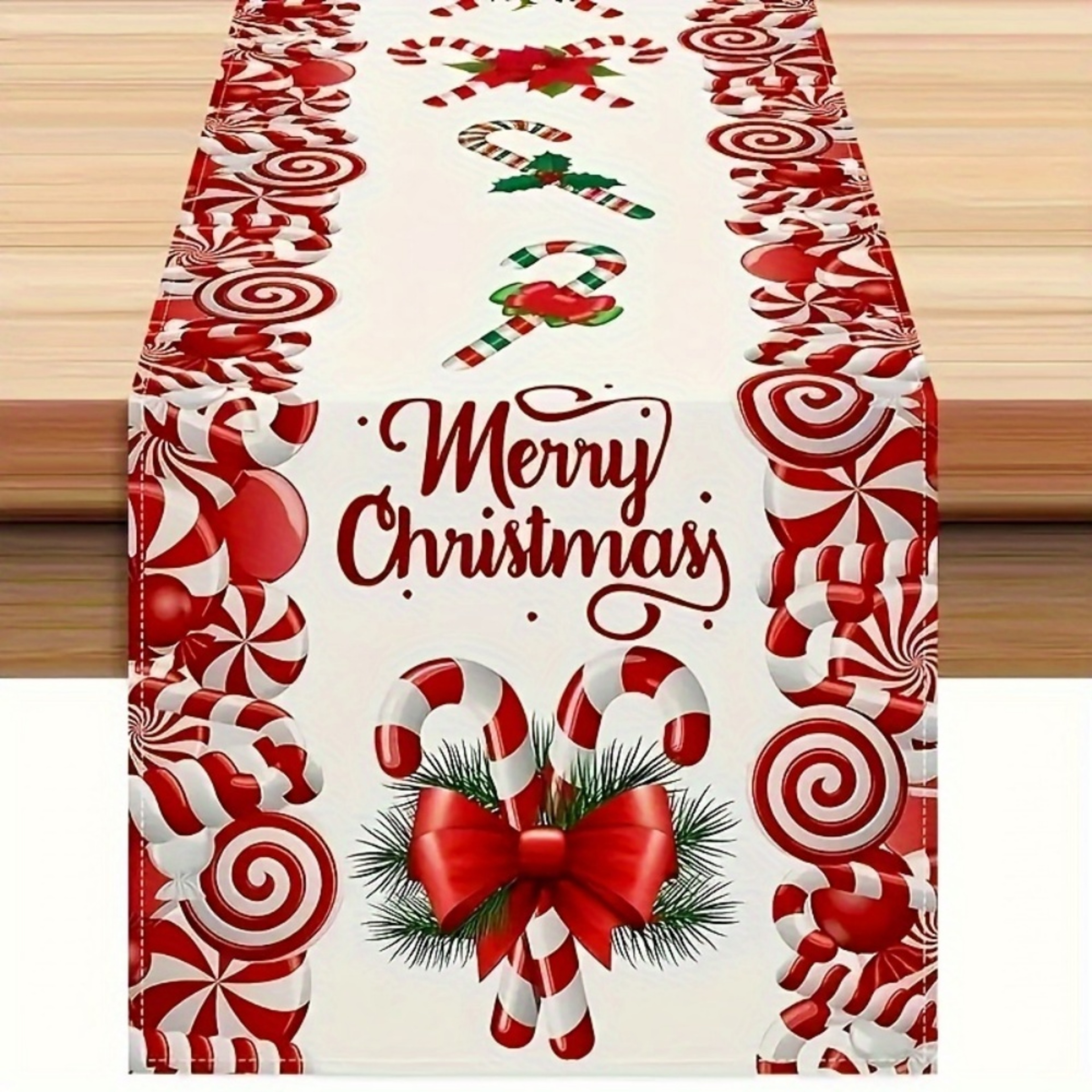 Premium Festive Christmas Table Runner With Candy Cane  Bow Print Classic Holiday Centerpiece Decor 4