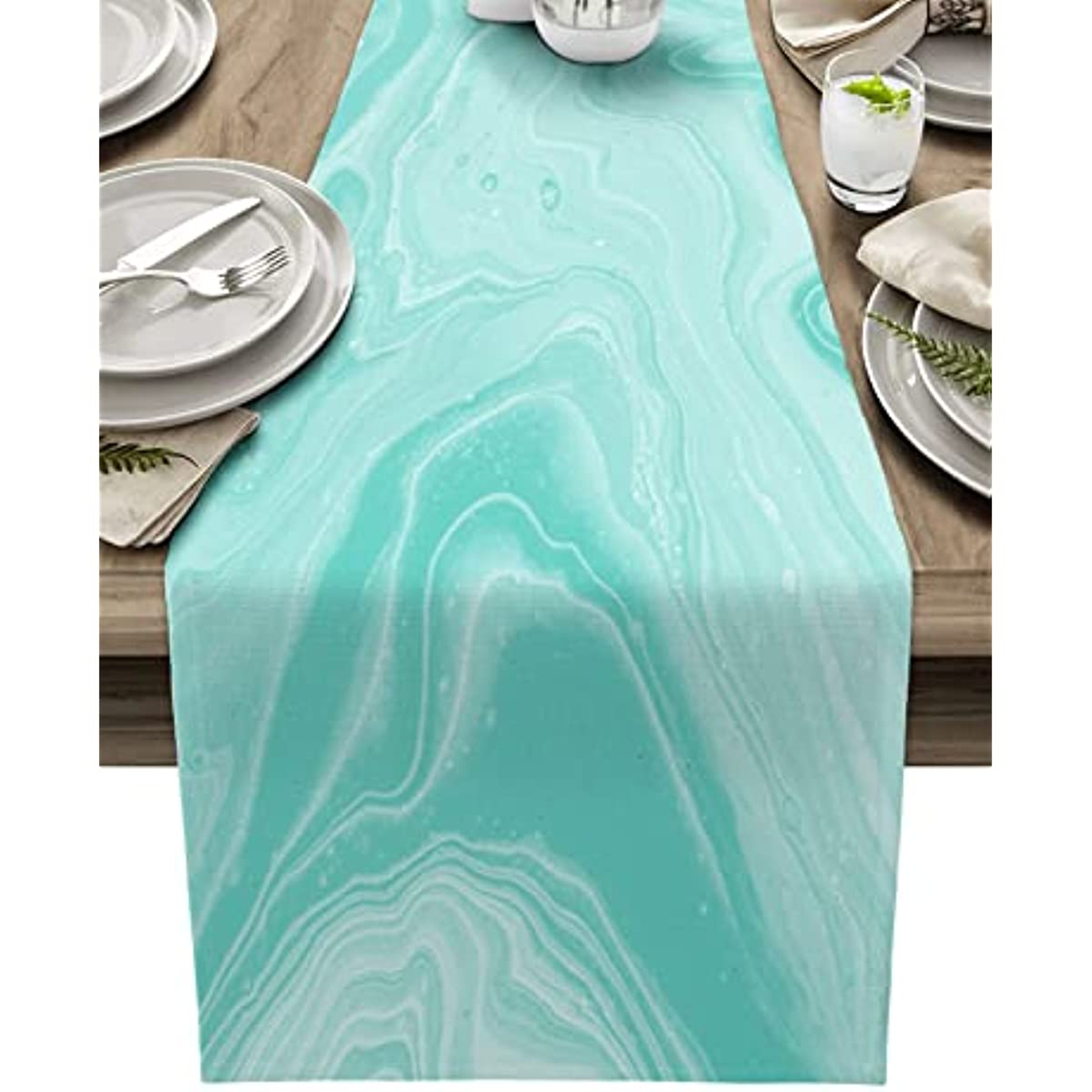 Turquoise Linen Table Runner With Abstract Marble Design Washable Modern Dining  Wedding Decor 0