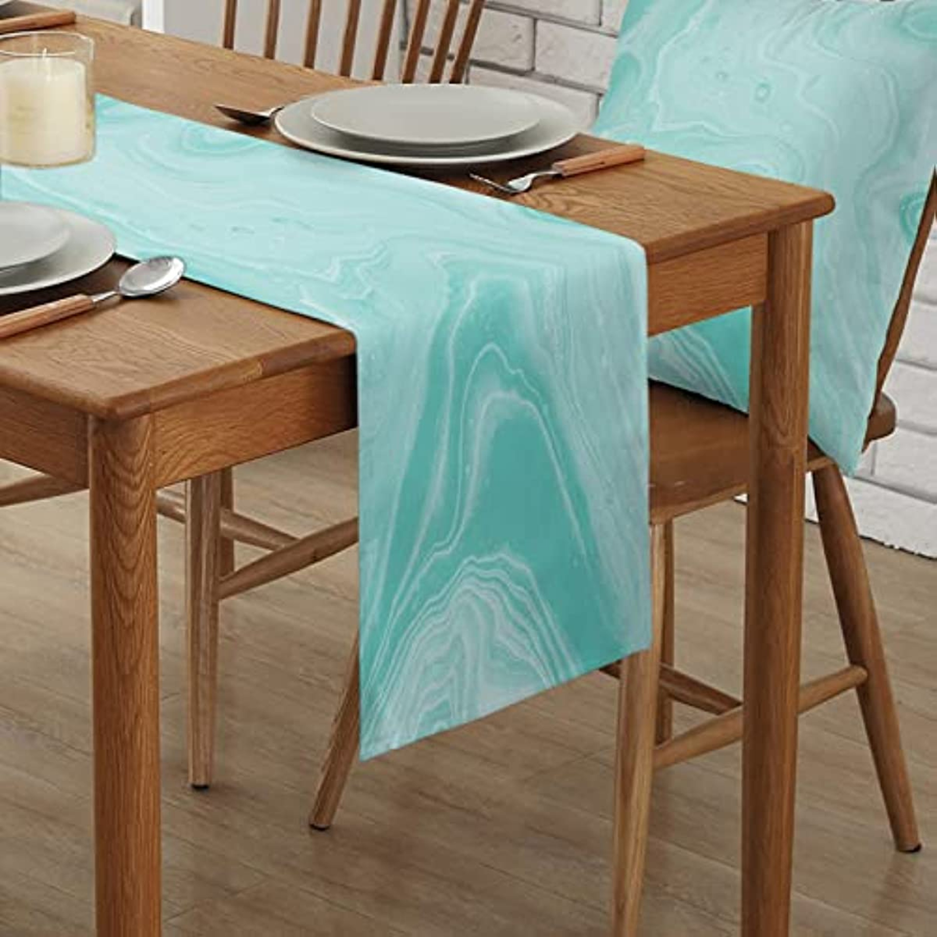 Turquoise Linen Table Runner With Abstract Marble Design Washable Modern Dining  Wedding Decor 1