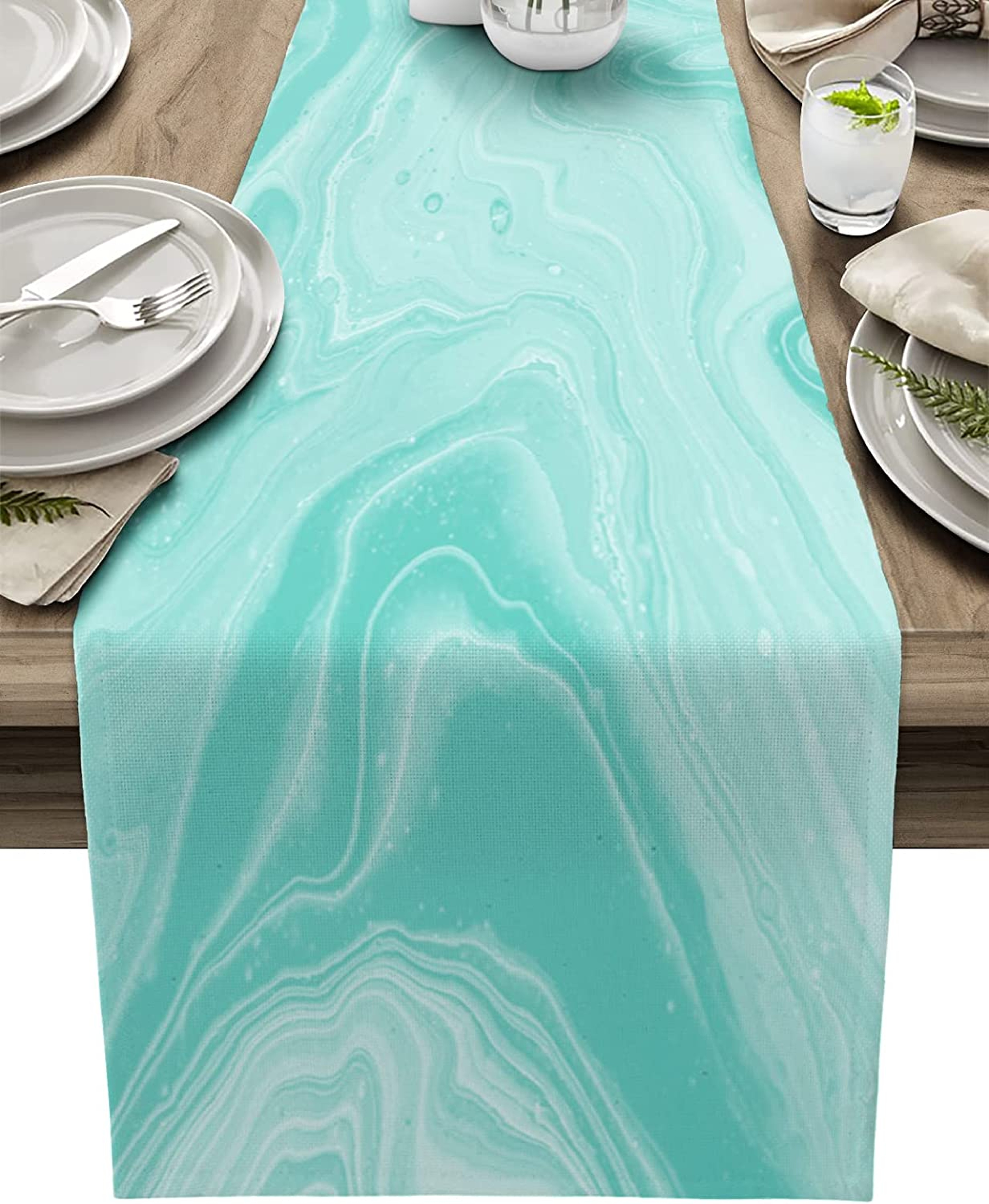Turquoise Linen Table Runner With Abstract Marble Design Washable Modern Dining  Wedding Decor 5