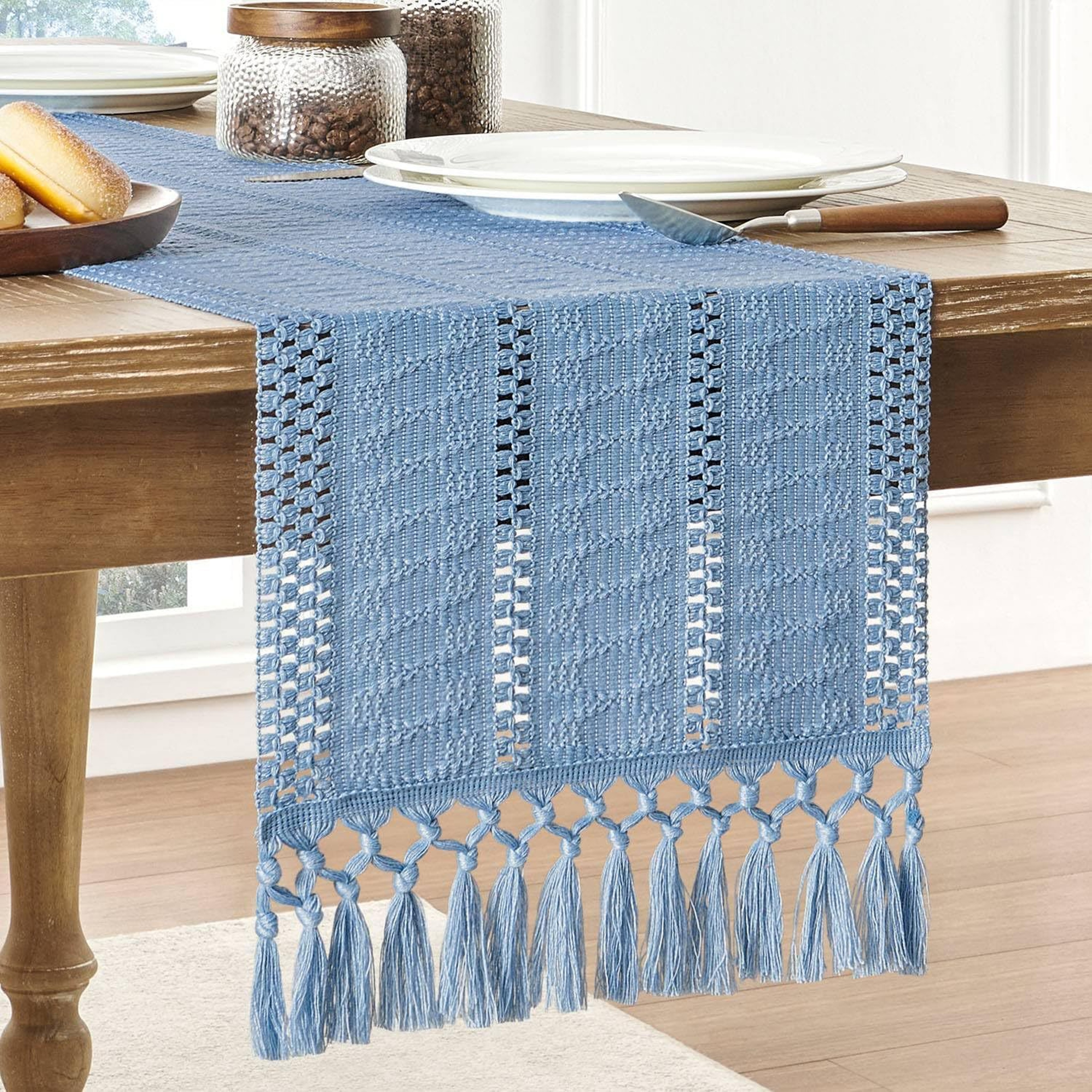 Rustic Cotton Linen Table Runner with Knotted Tassels Boho & Holiday Table Decor – view 1