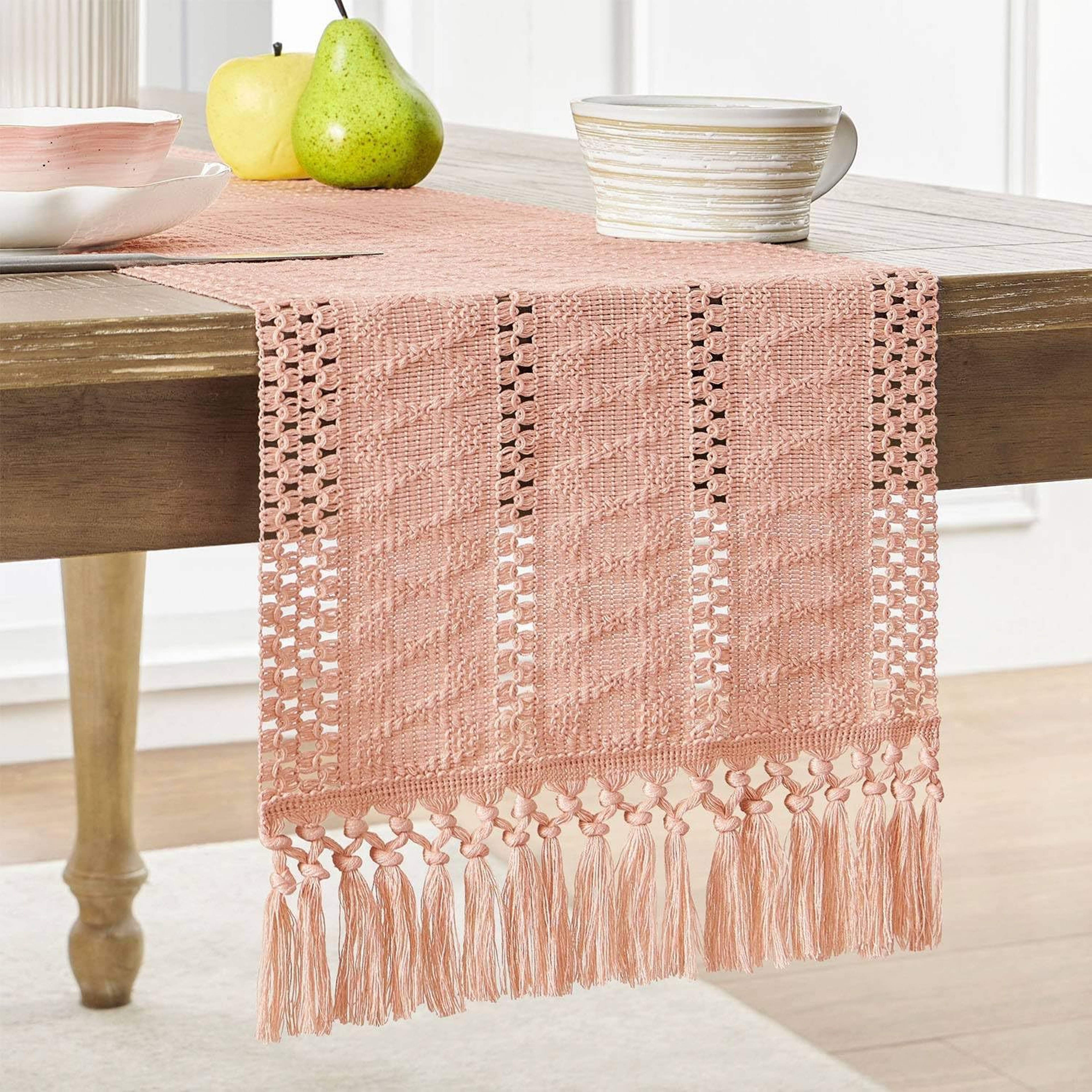 Rustic Cotton Linen Table Runner with Knotted Tassels Boho & Holiday Table Decor – view 7