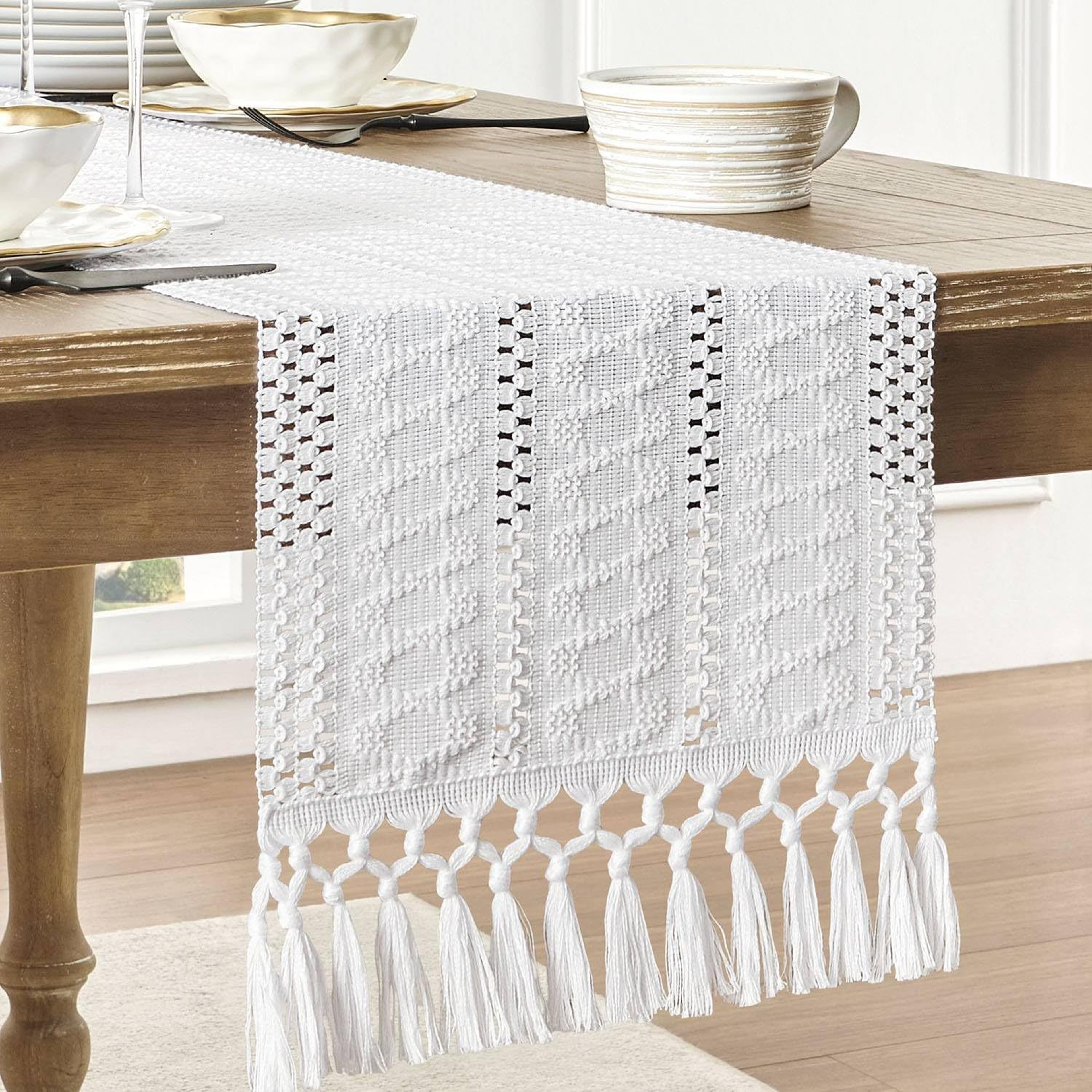Rustic Cotton Linen Table Runner with Knotted Tassels Boho & Holiday Table Decor – view 10