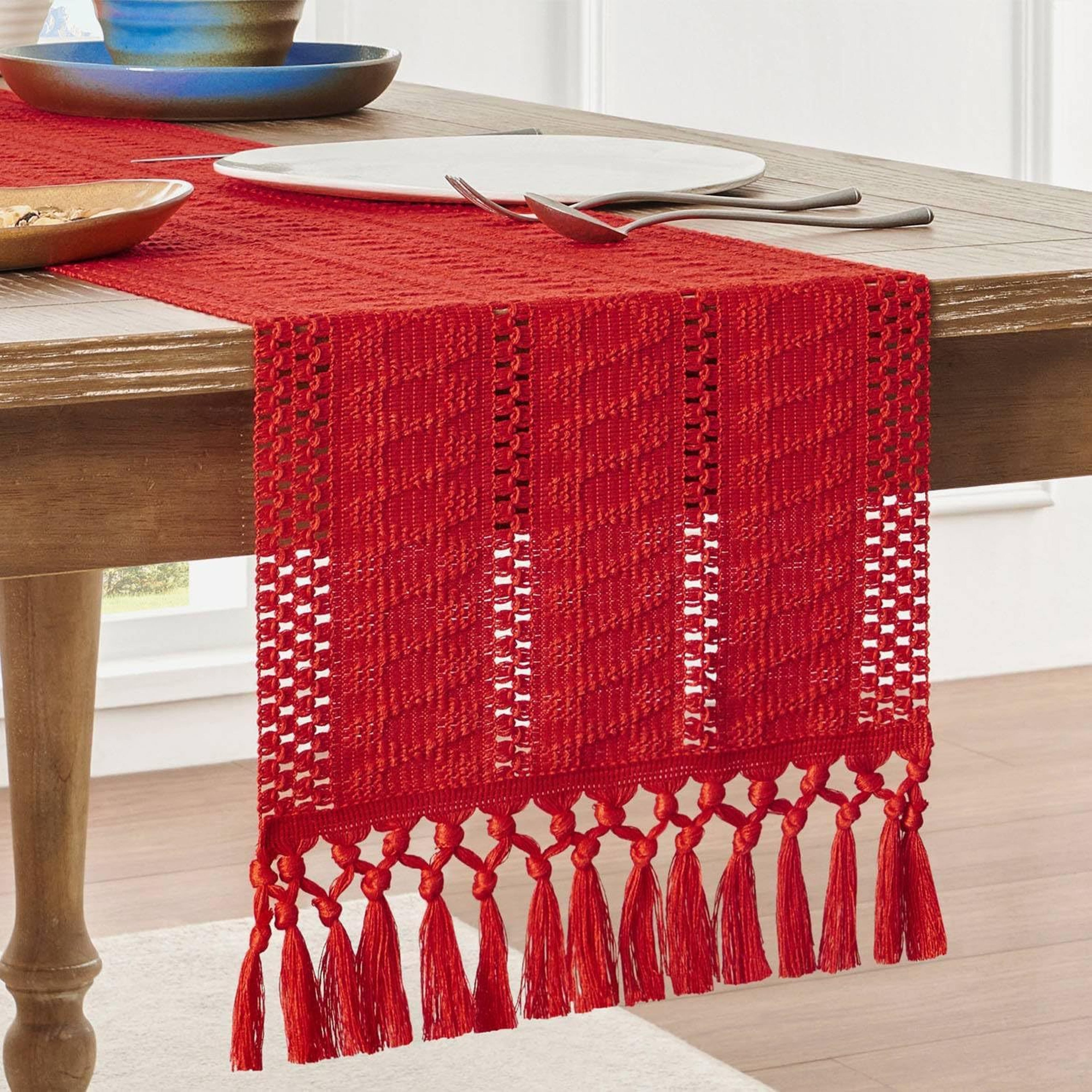 Rustic Cotton Linen Table Runner with Knotted Tassels Boho & Holiday Table Decor – view 11