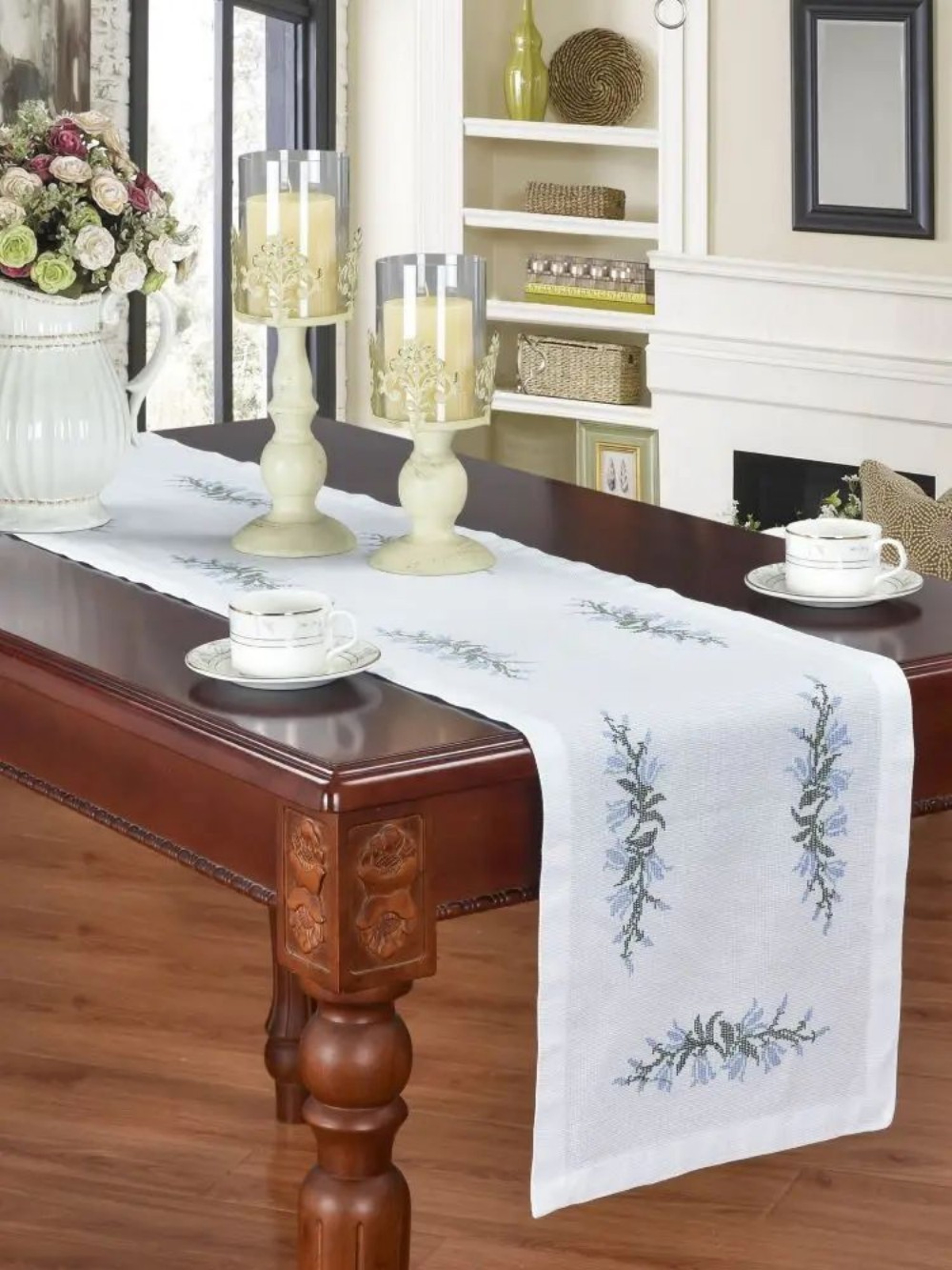 Elegant Embroidered Tablecloth Luxury Rectangular Dining Tablecloth Home Decor With Blue Bell Cross 1