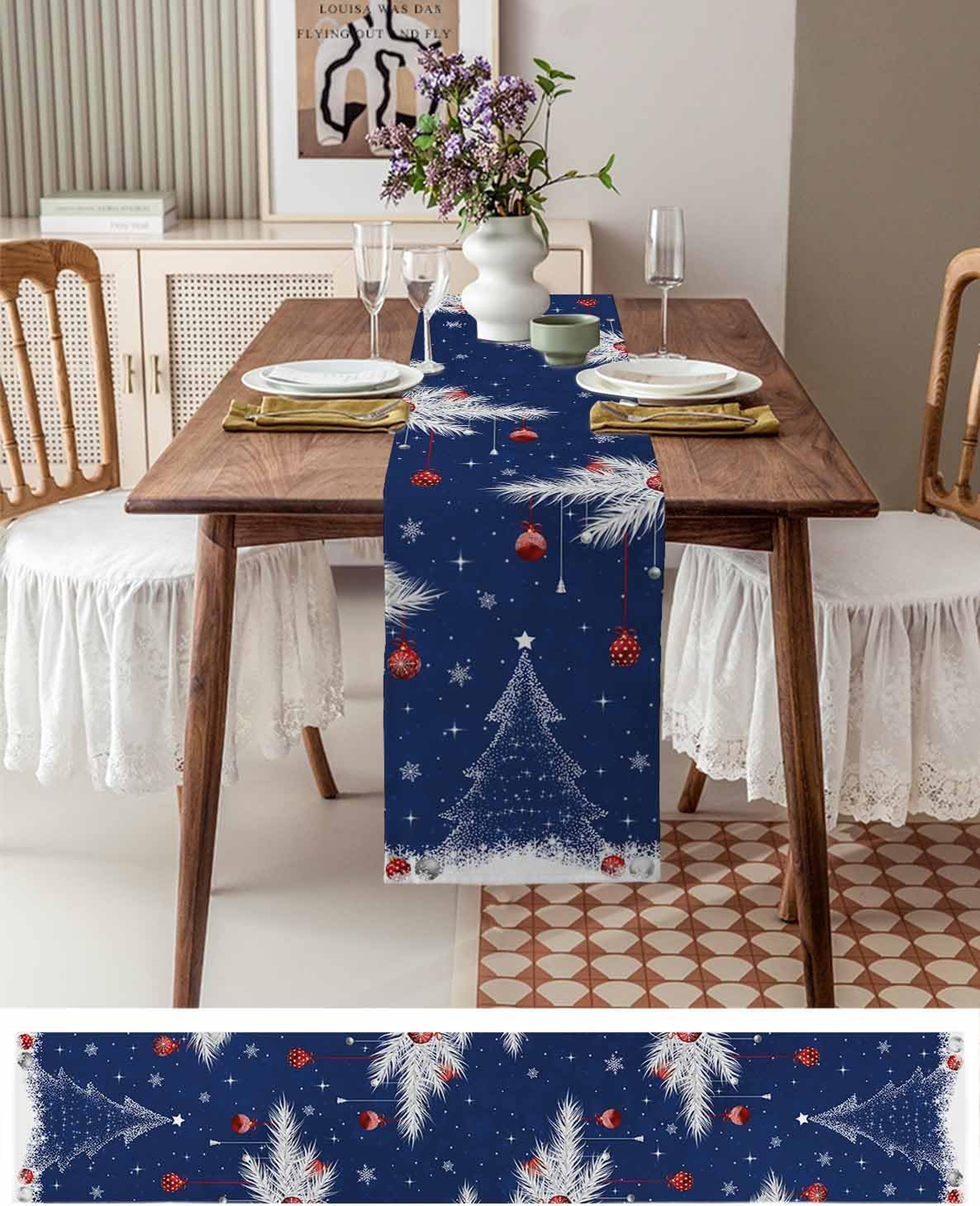 Festive Winter Pine & Snowflake Christmas Table Runner Elegant Holiday Linen Decoration – view 3