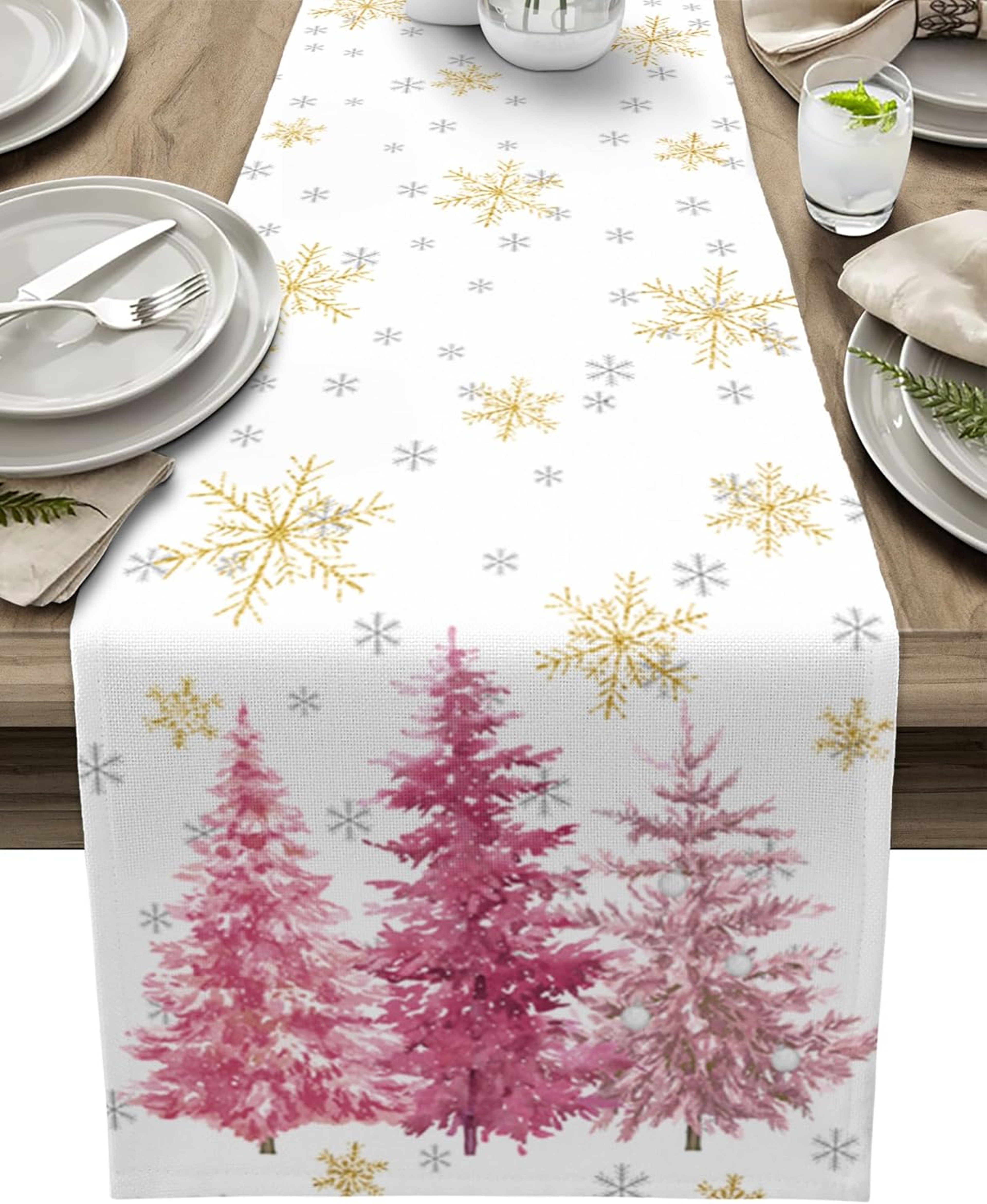 Premium Pink Christmas Linen Table Runner With Pine Tree  Gold Snowflake Holiday Dining Decor 0