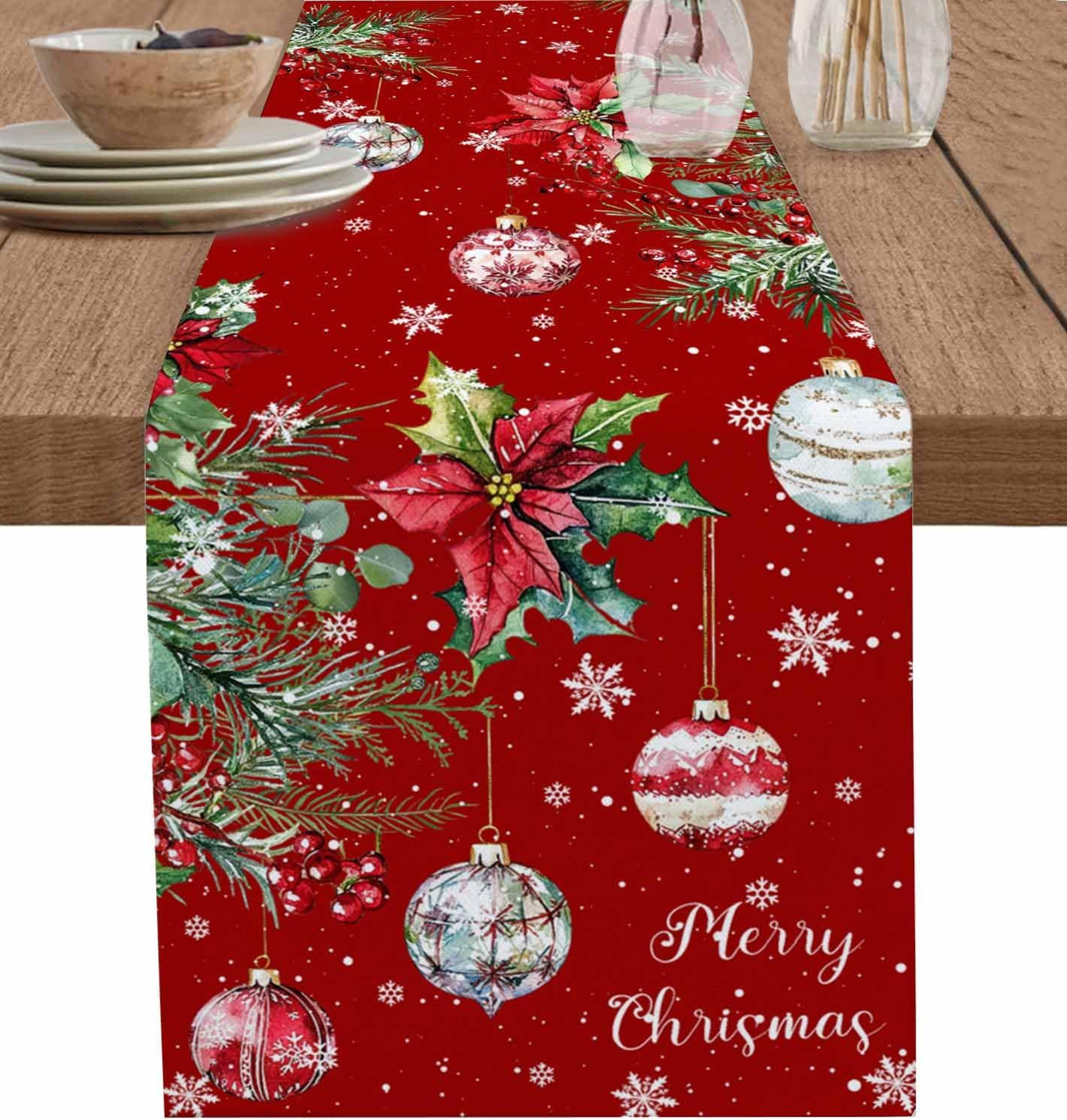 Festive Poinsettia Christmas Table Runner Elegant Linen Holiday & Wedding Poinsettia Table Decor – view 1