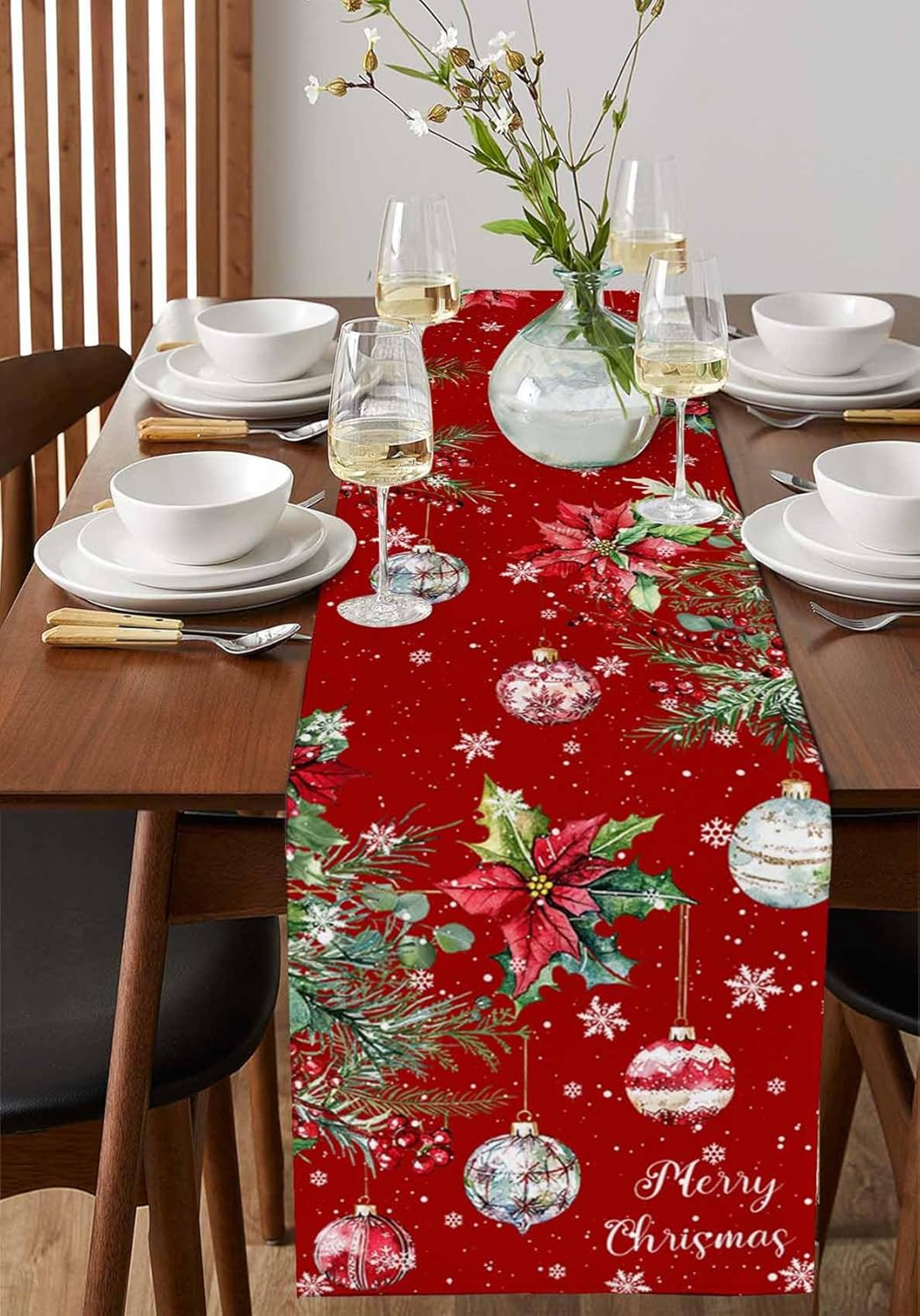 Festive Poinsettia Christmas Table Runner Elegant Linen Holiday & Wedding Poinsettia Table Decor – view 2