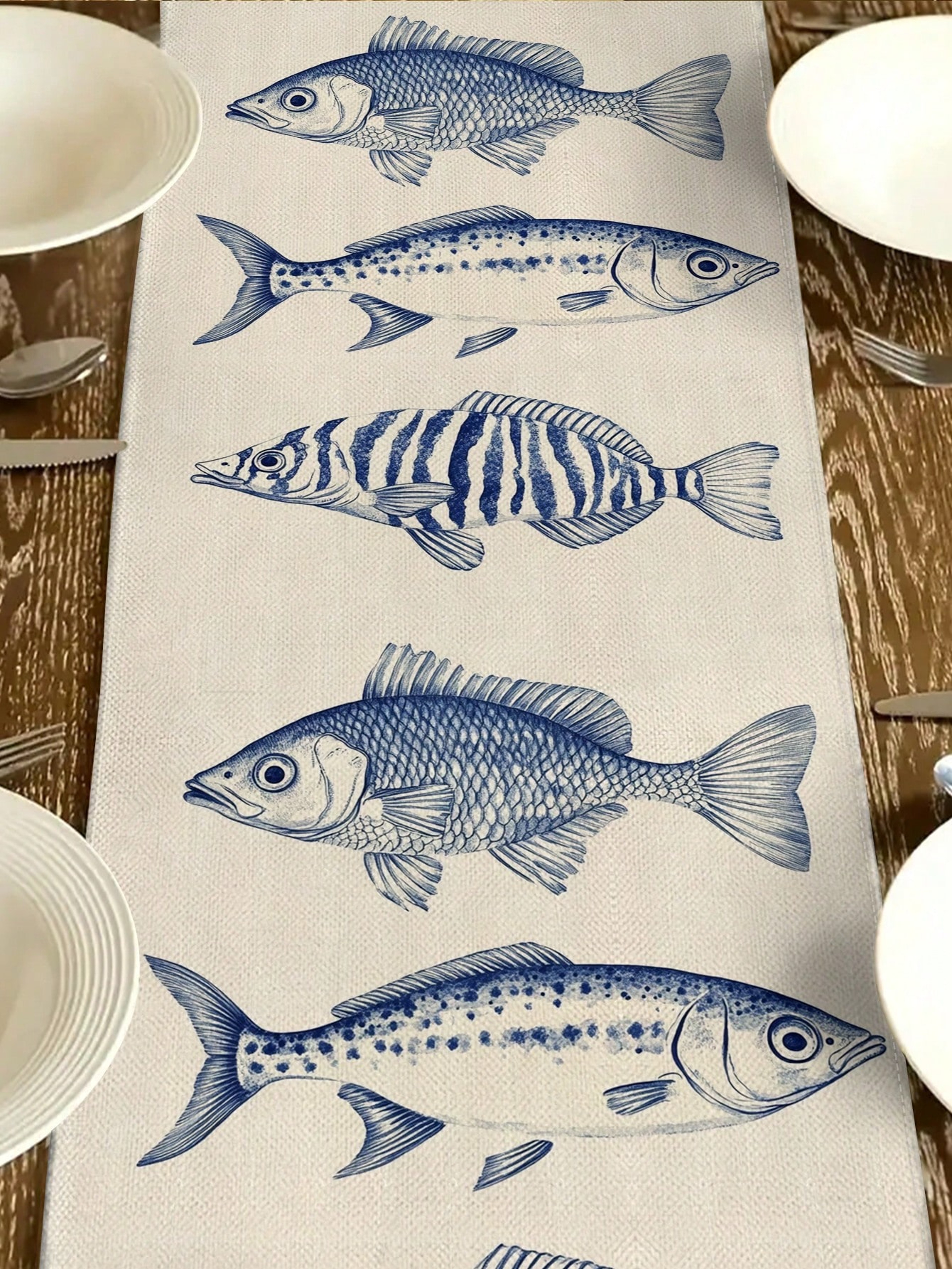 Elegant Nautical Table Runner With Marine Fish Pattern Coastal Dining Decor For Seaside Homes 3