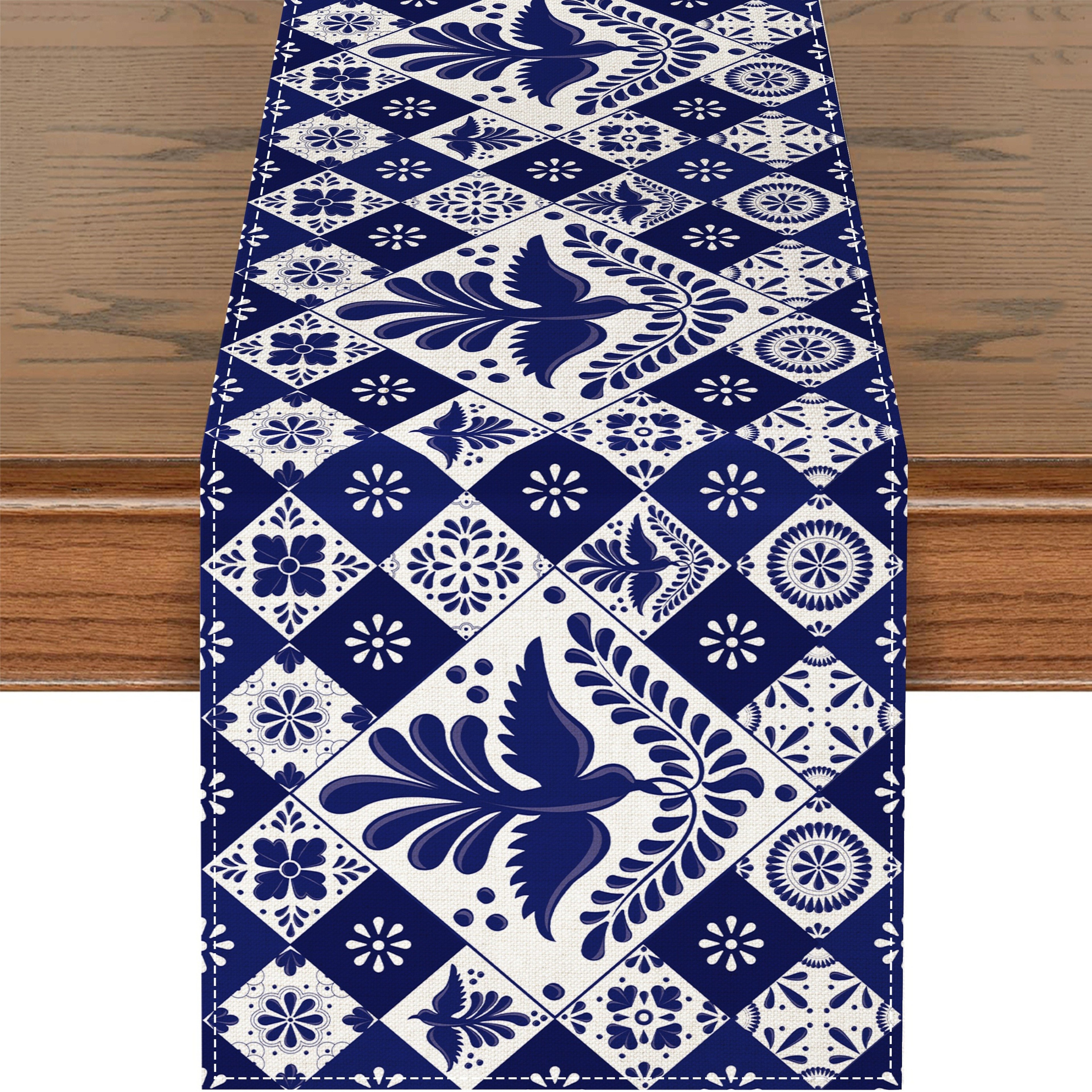 Elegant Mexican Blue Patchwork Table Runner For Dining  Party Decor 0