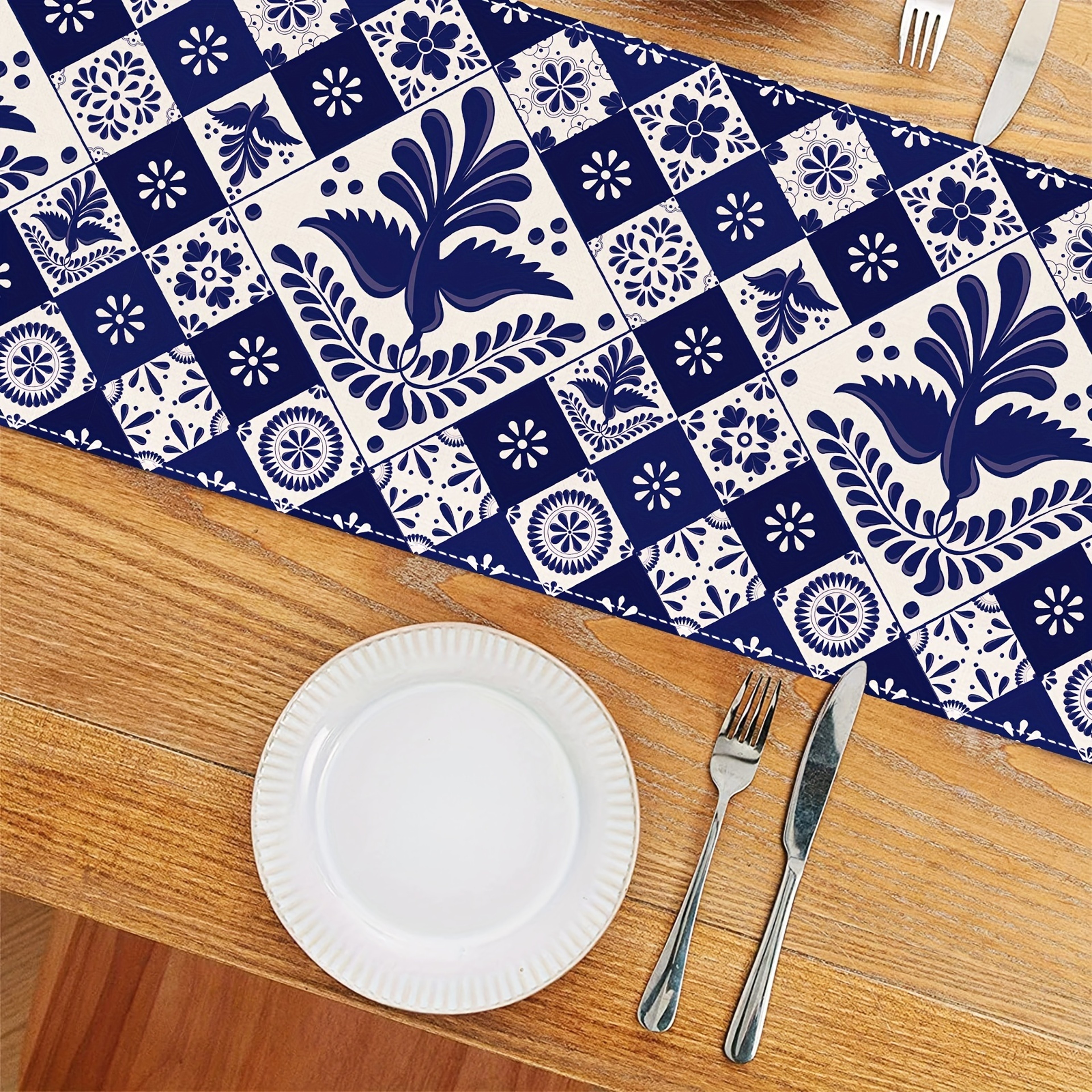 Elegant Mexican Blue Patchwork Table Runner For Dining  Party Decor 3
