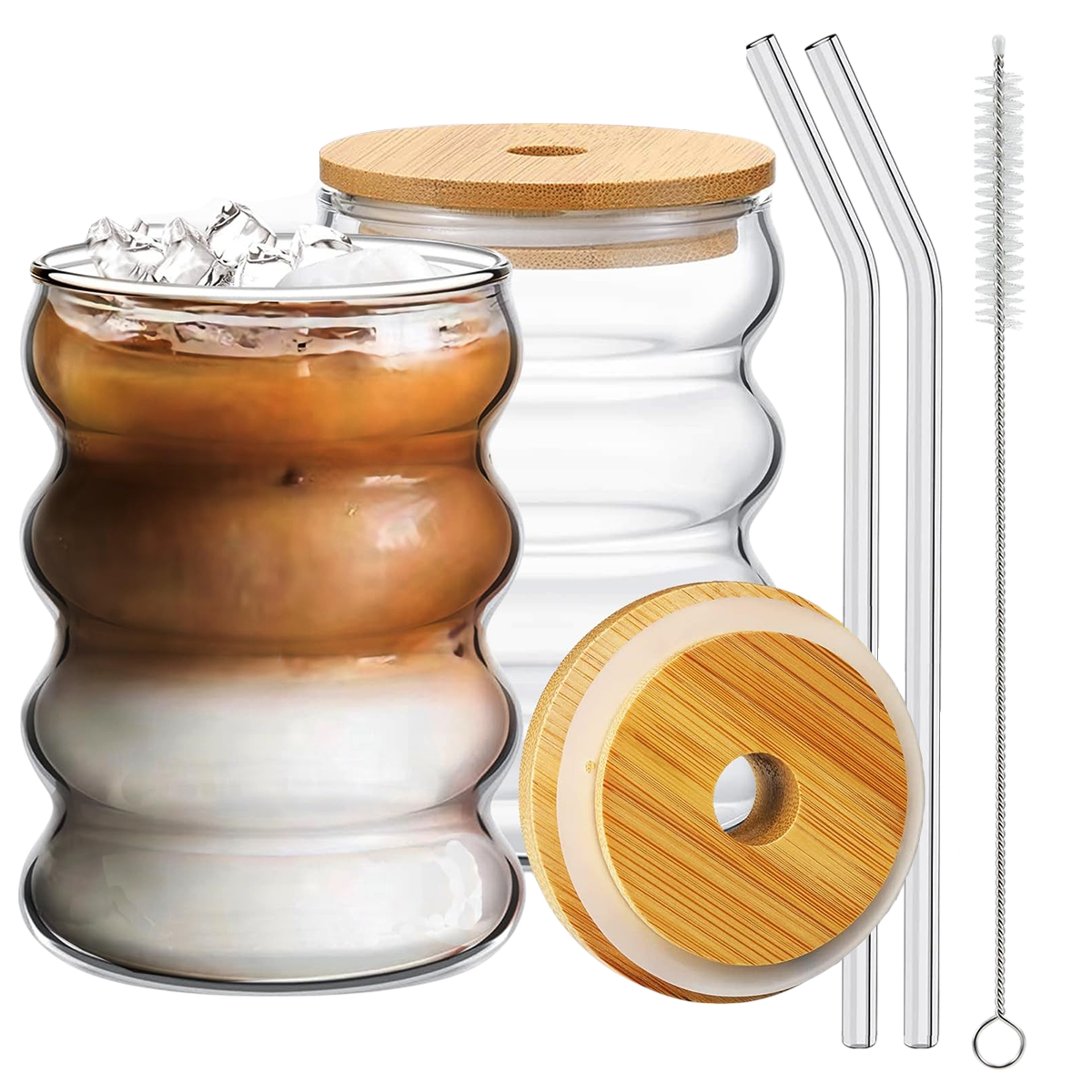 Wave Shape Beverage Glasses Set Glass Cups With Lids  Straws For Juice Coffee  Tea 0