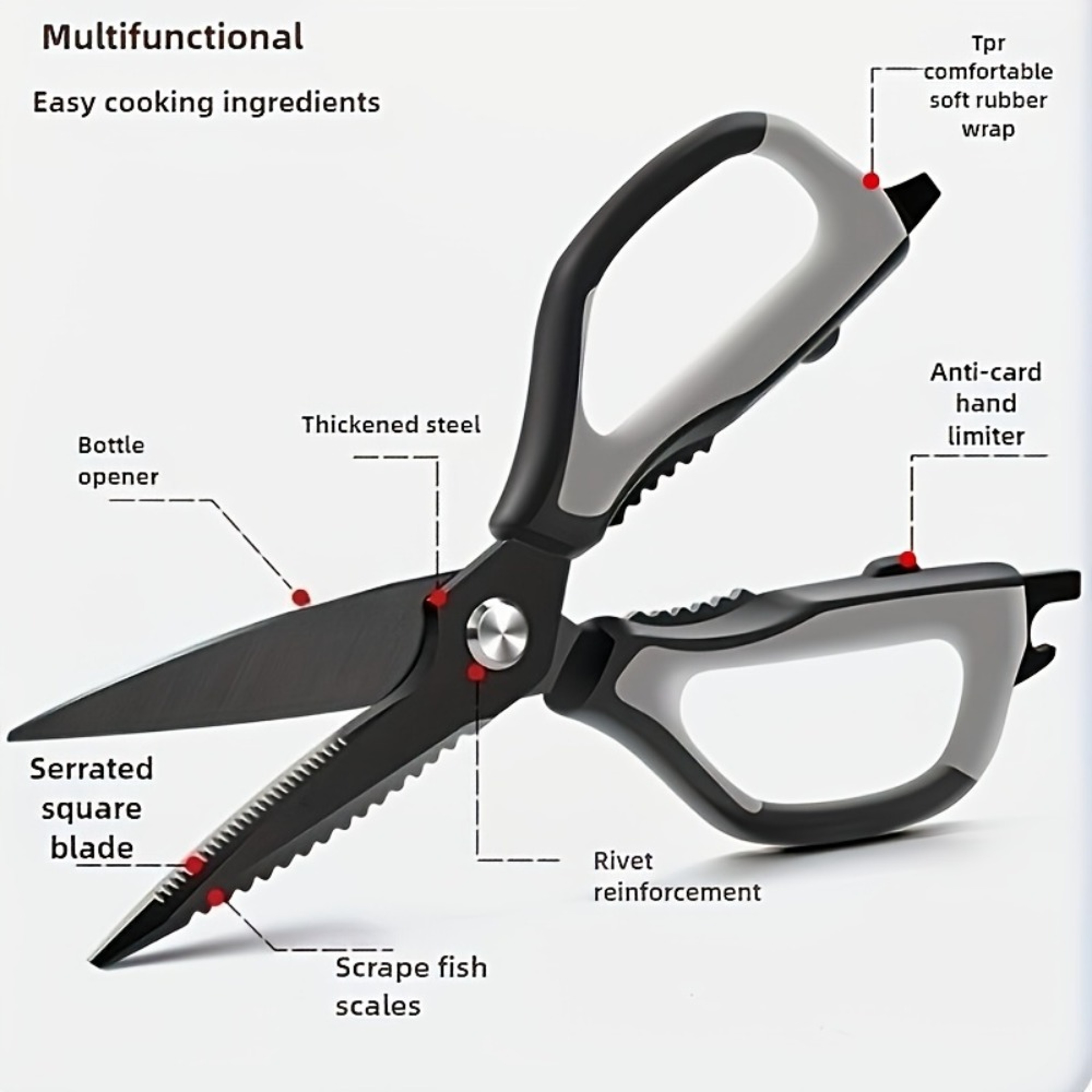 Black Titanium Stainless Steel Kitchen Shears with Bottle Opener | Heavy Duty Poultry Scissors – view 4
