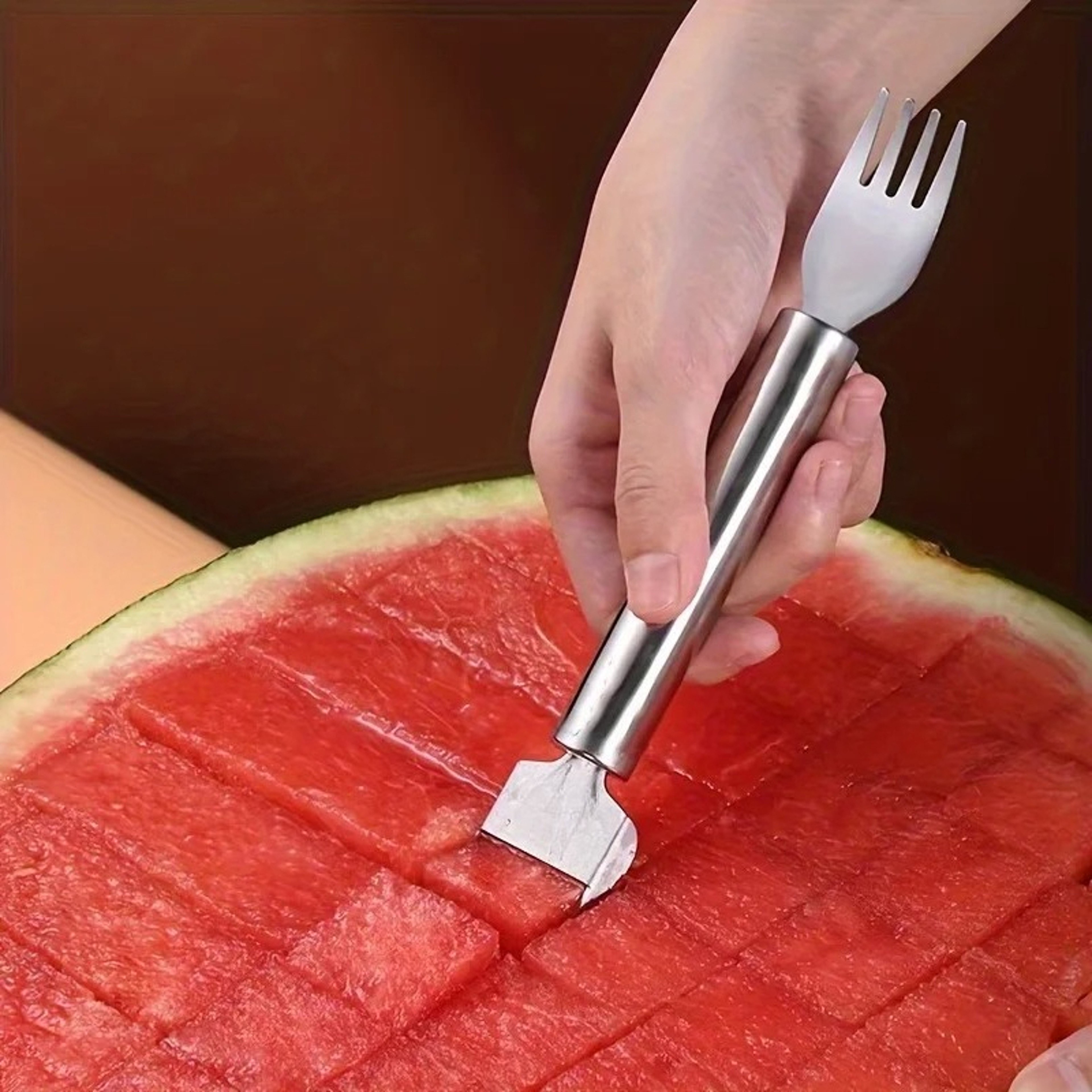 Premium Stainless Fruit  Watermelon Cutter Slicer Fork Tool Effortless Kitchen Fruit Cube Cutter 2