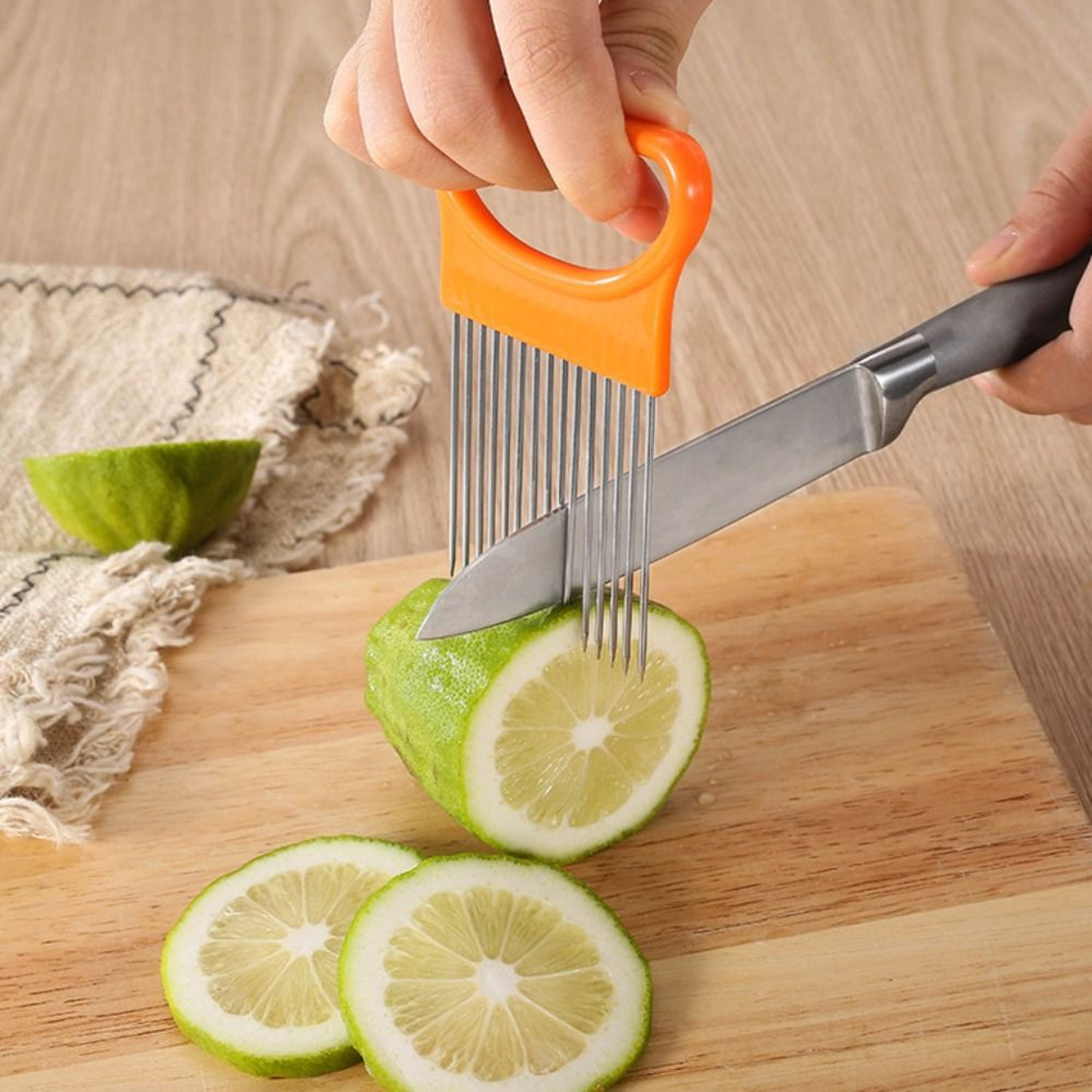 PrecisionCut Stainless Steel Onion Slicer Holder & Meat Tenderizer Tool with Safety Cover – view 1