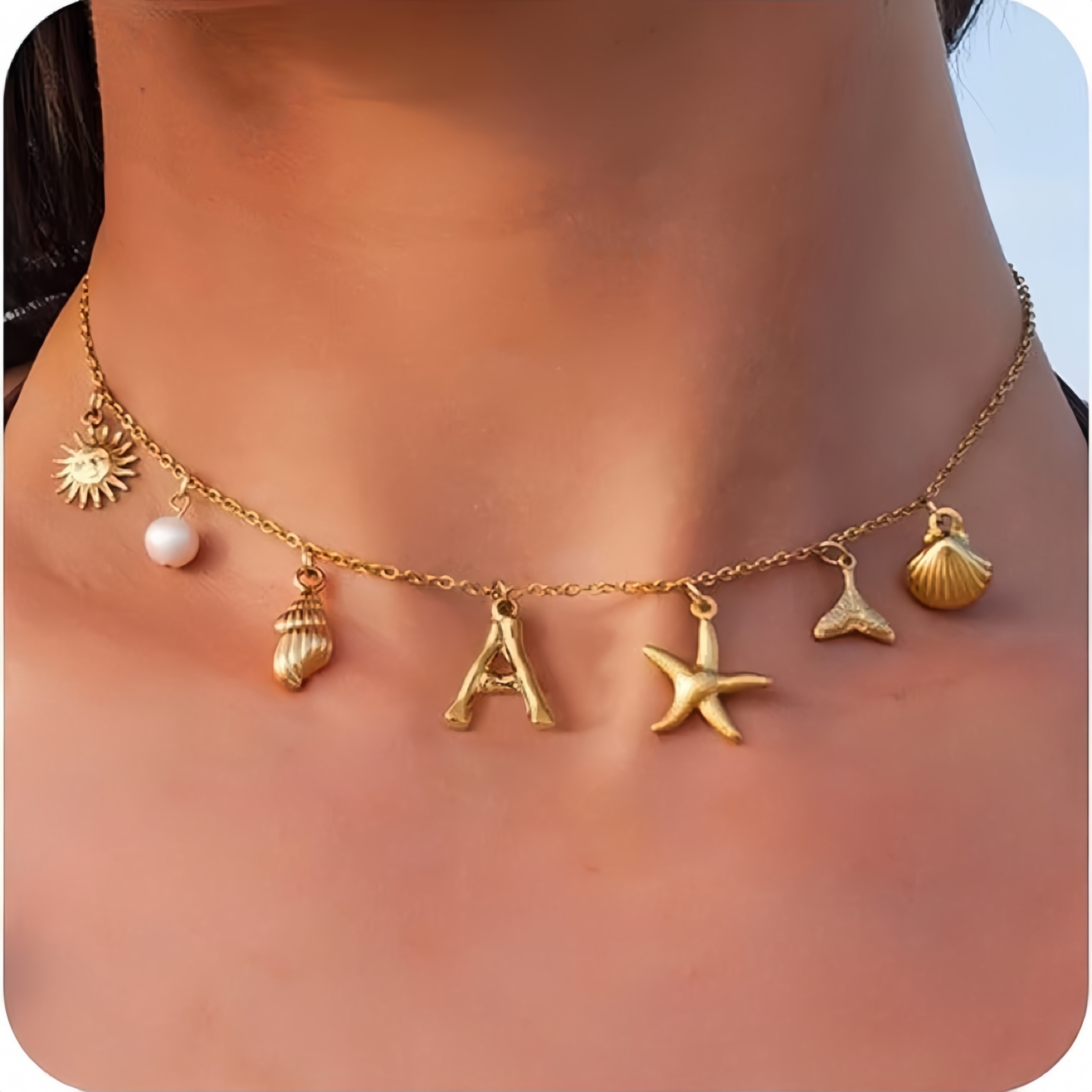 Ocean Initial Charm Necklace Waterproof Gold Plated Starfish Shell Pendant For Beach Lovers 0