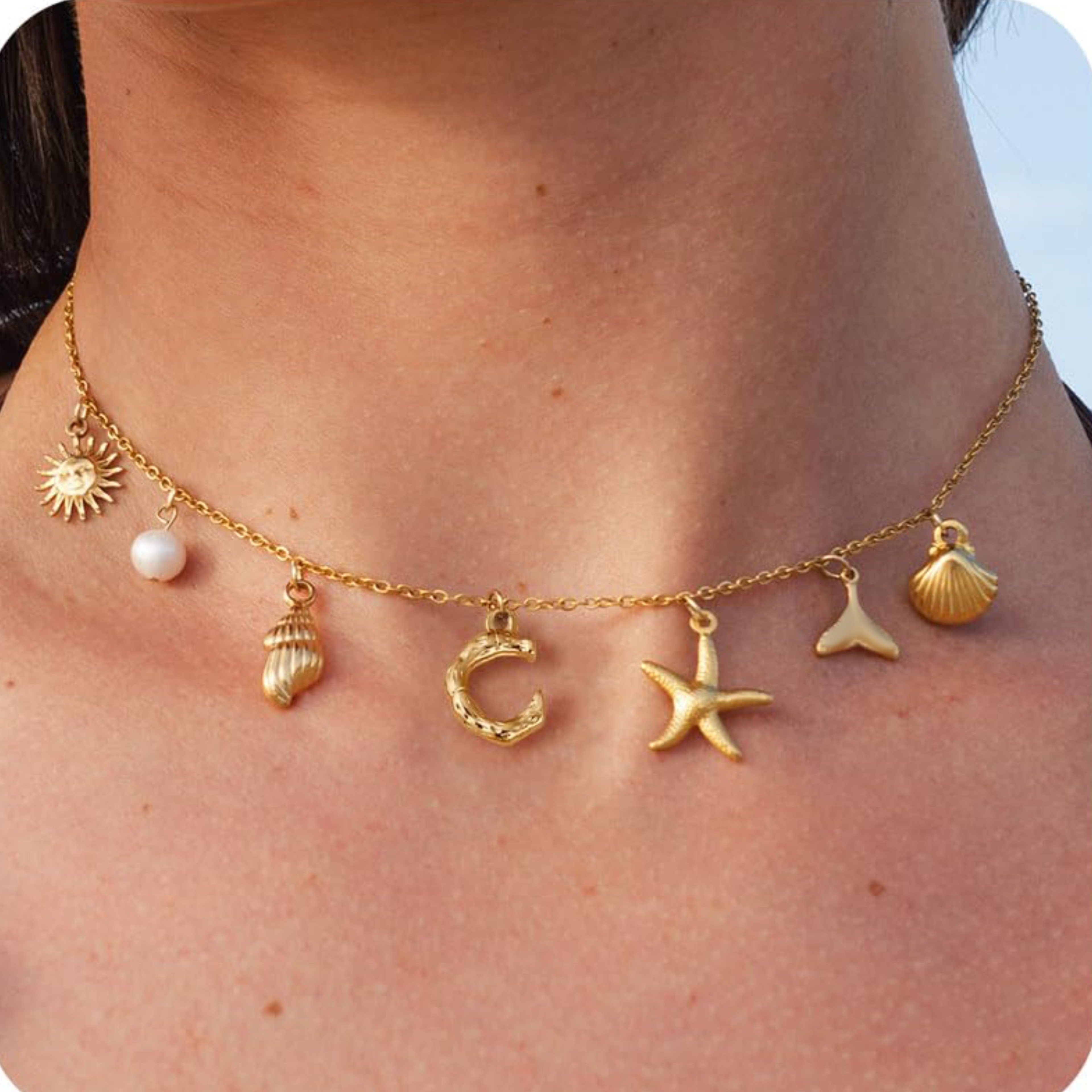 Ocean Initial Charm Necklace Waterproof Gold Plated Starfish Shell Pendant For Beach Lovers 2