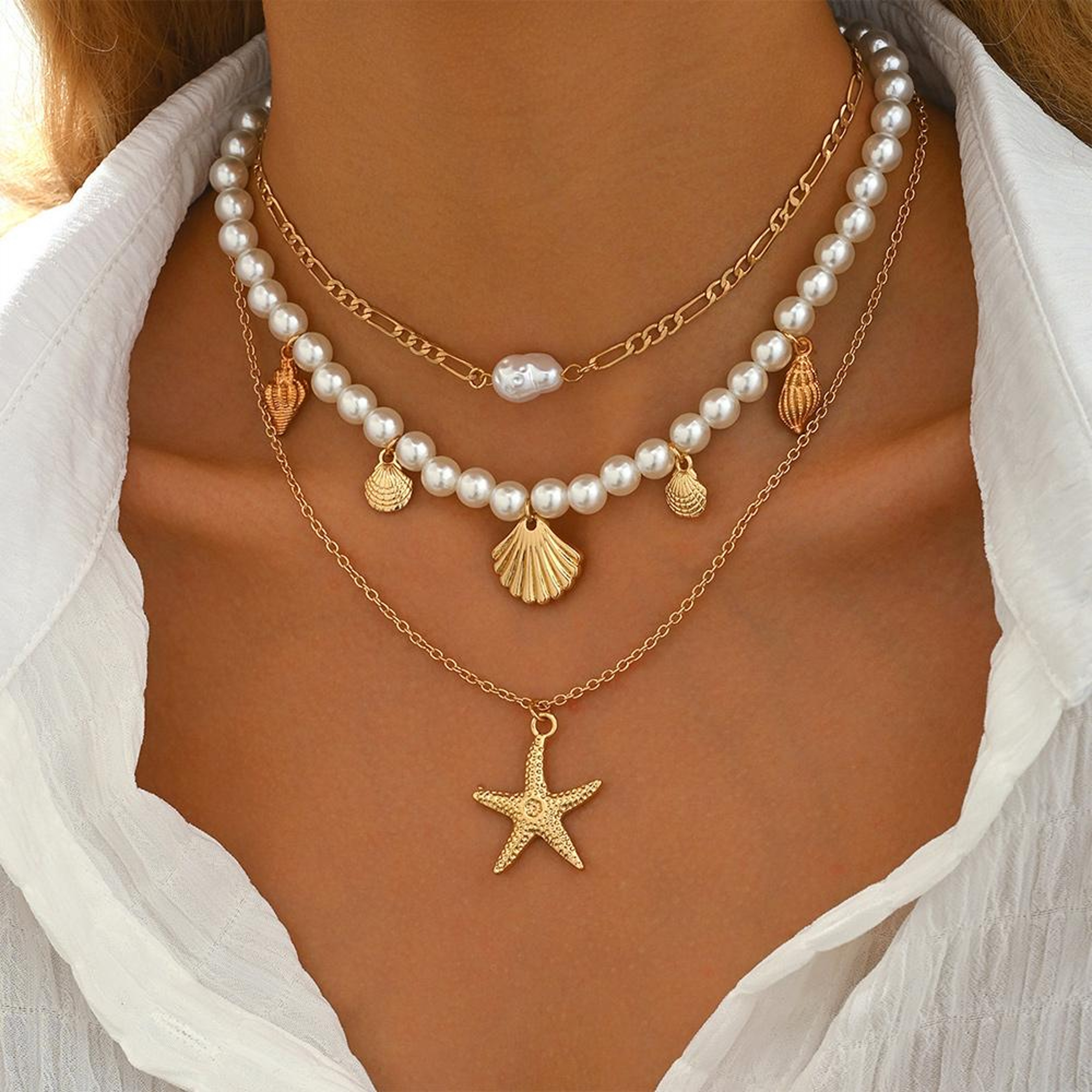 Beach Style Starfish Layered Shell Necklace For Women Boho Vacation Jewelry Gift 0