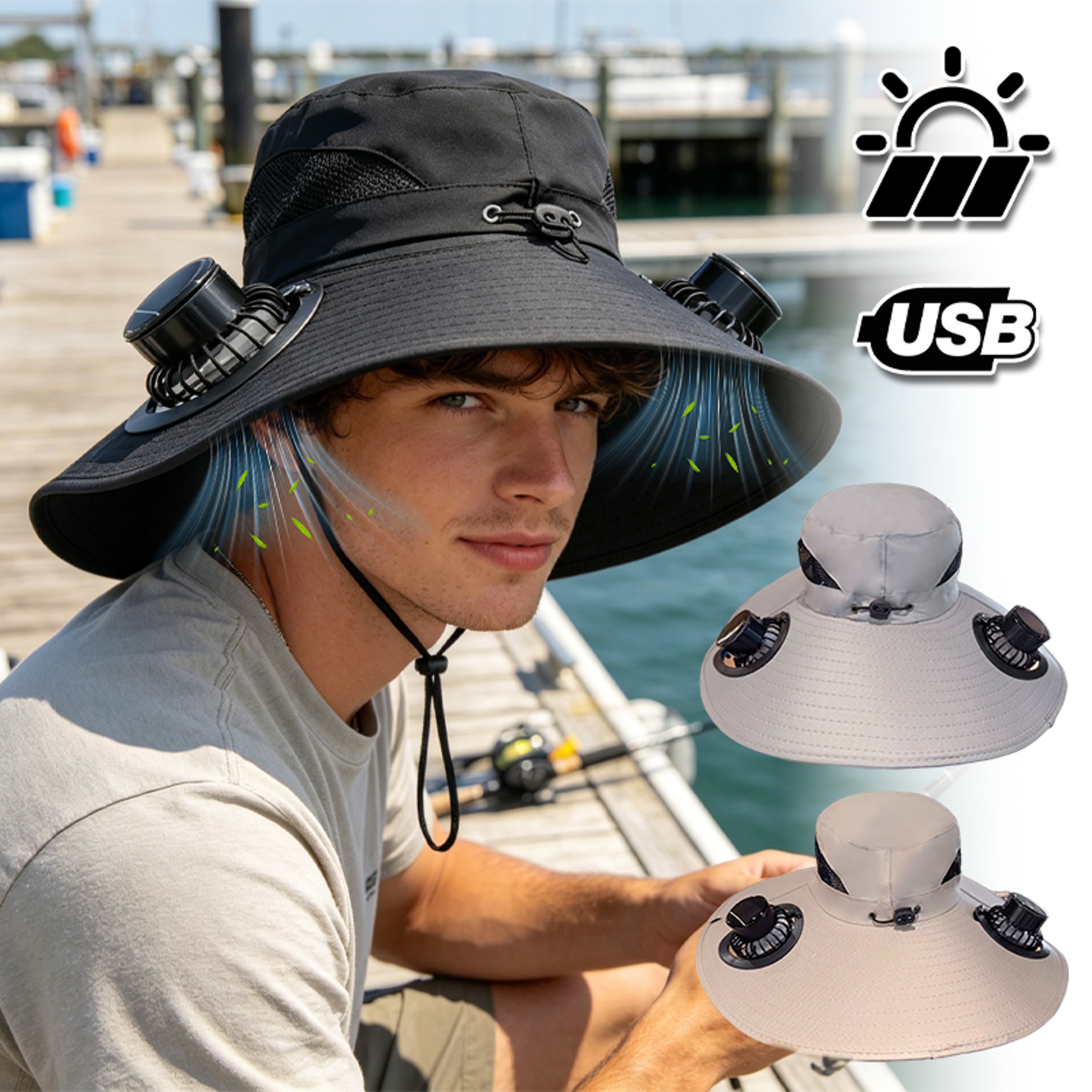 Wide Brim Solar Fan Hat Rechargeable Cooling Sun Hat For Fishing Hiking  Outdoor Use 0