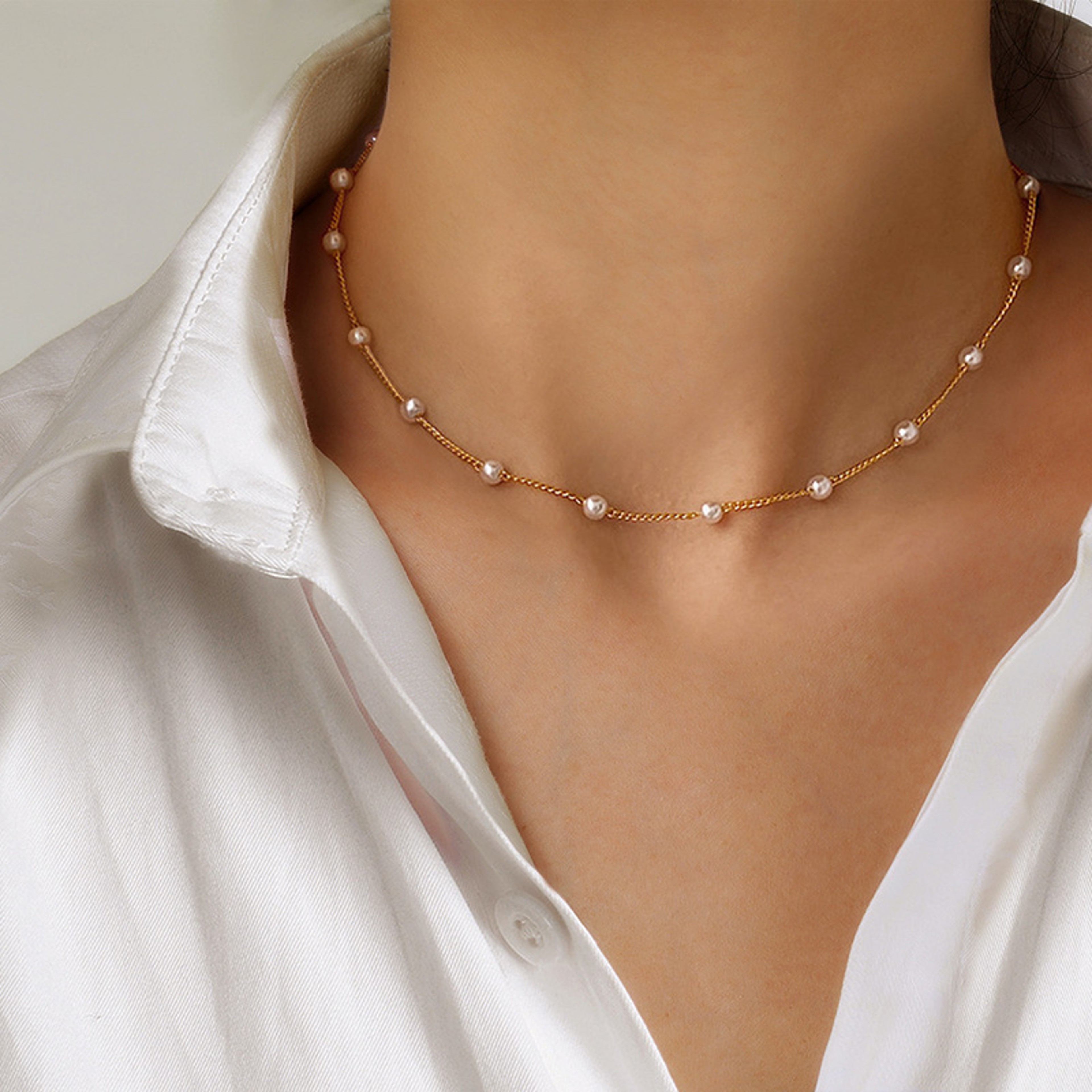 Gold Pearl Beaded Choker Necklace Kpop Goth Choker Necklace for Women – view 4