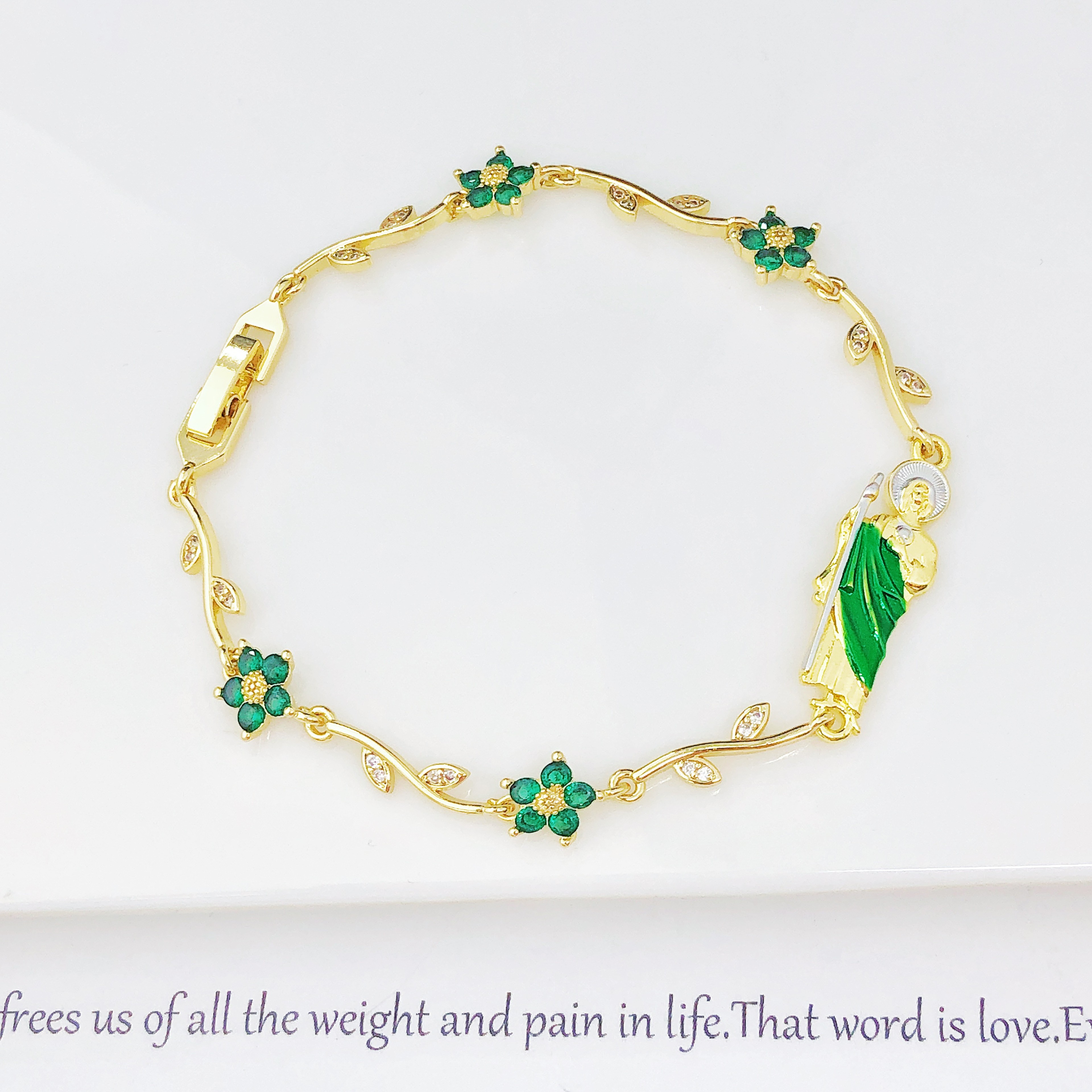 Rhinestone Flower Chain Bracelet Pink Green Enamel Religious Jewelry Gift For Women  Girls 2