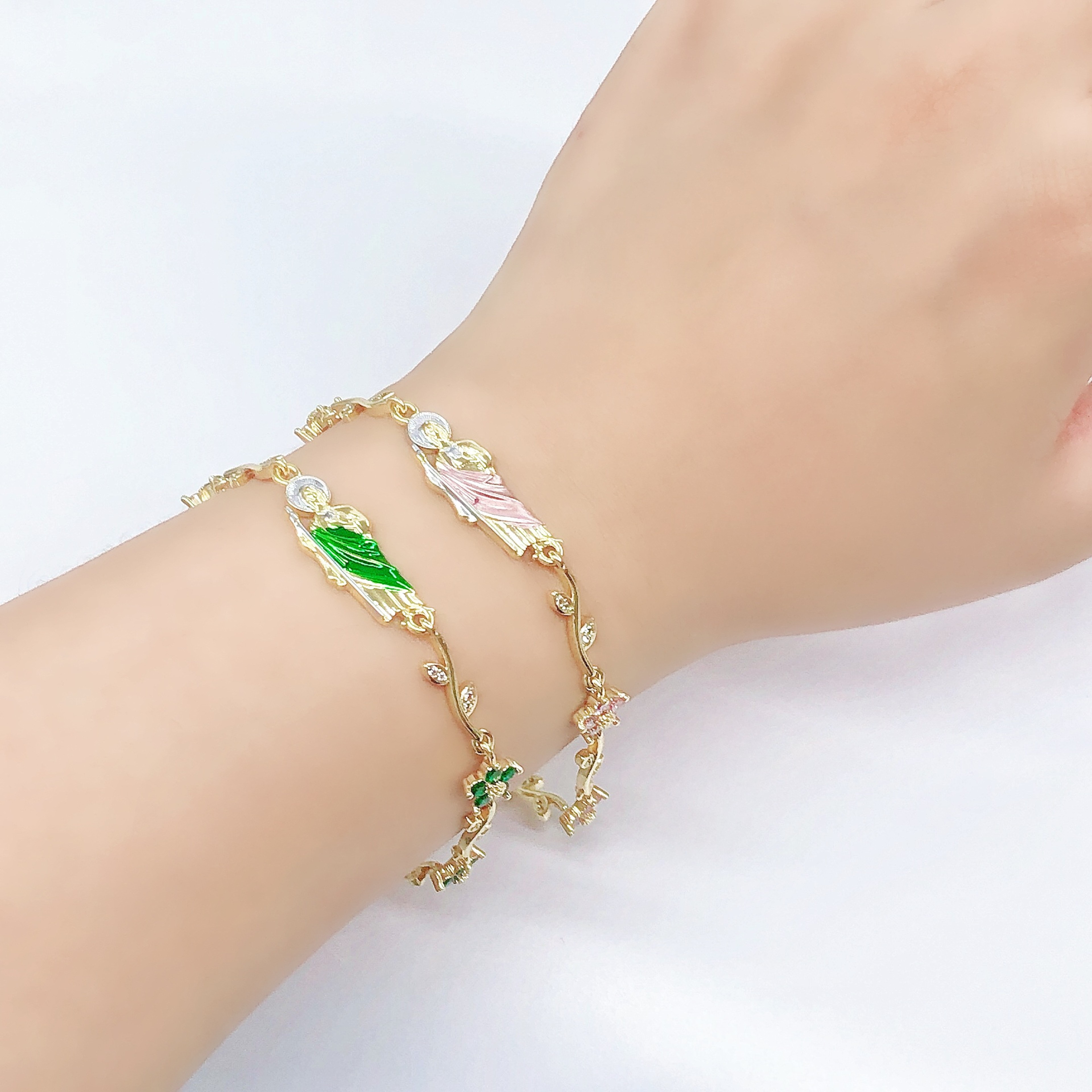 Rhinestone Flower Chain Bracelet Pink Green Enamel Religious Jewelry Gift For Women  Girls 0