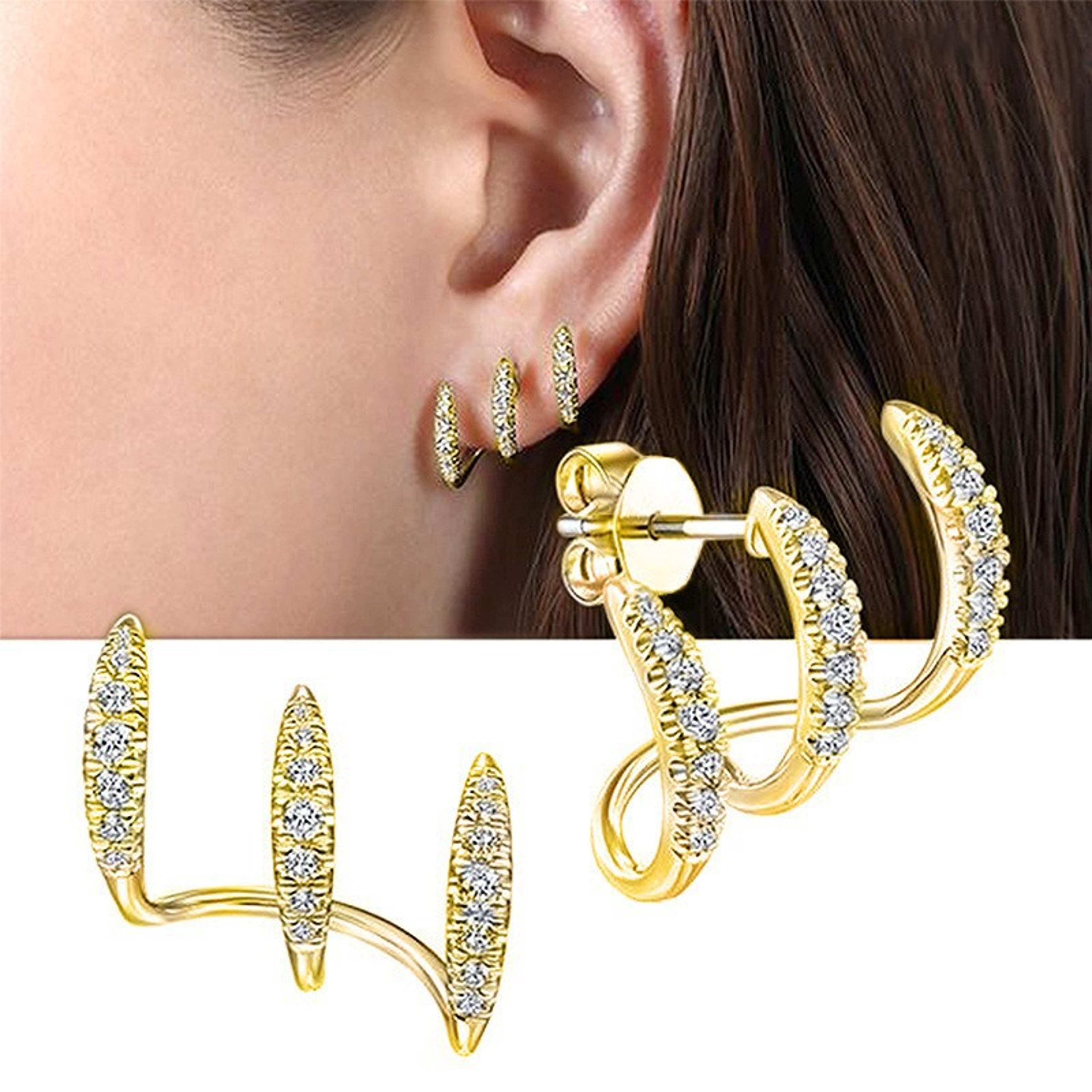 Elegant Rhinestone Three Claw Stud Earrings For Women Luxury Party Fashion Jewelry Gift Set 3