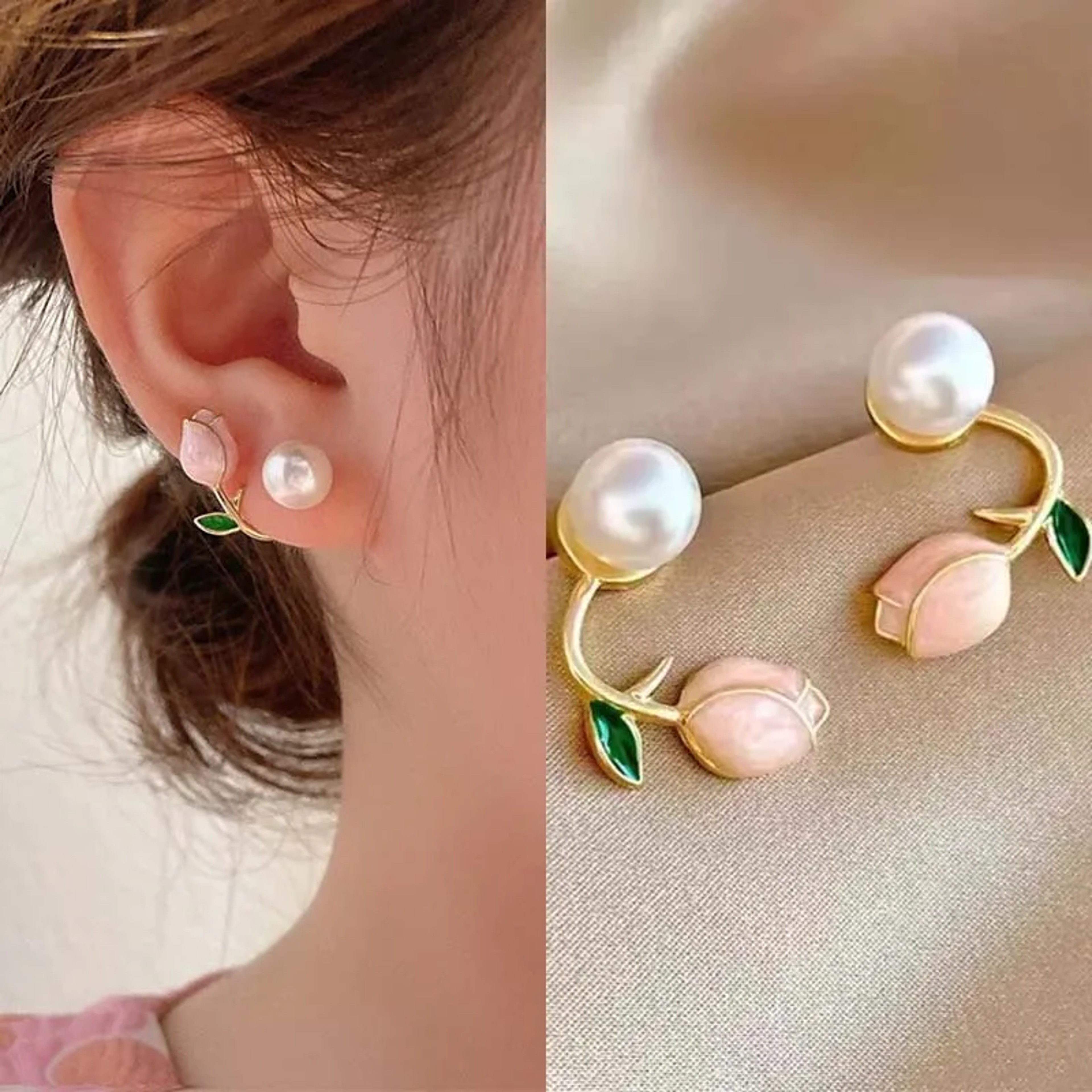 Tulip Pearl Stud Earrings for Women Enamel Flower Back Hanging Fashion Jewelry – view 1