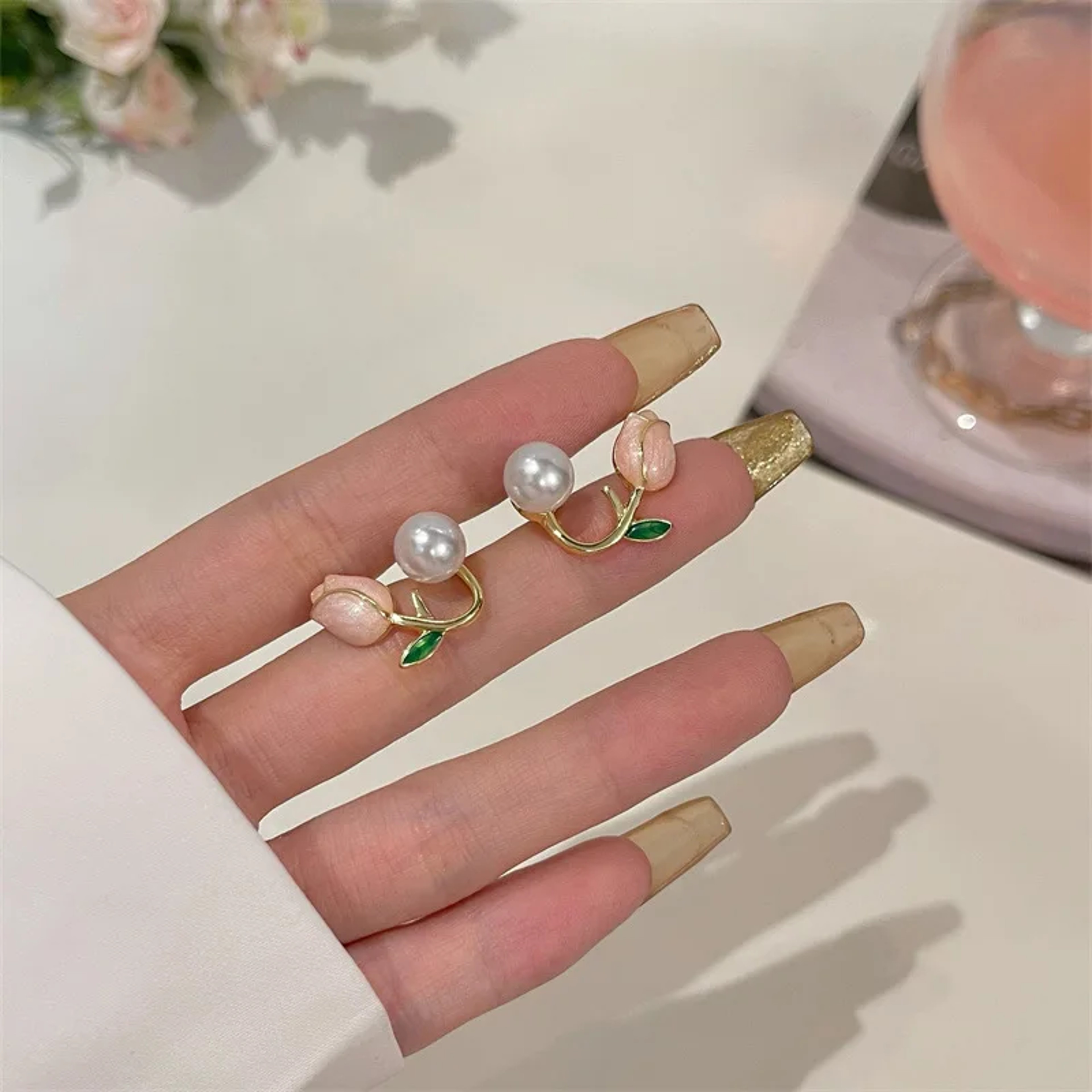 Tulip Pearl Stud Earrings for Women Enamel Flower Back Hanging Fashion Jewelry – view 4