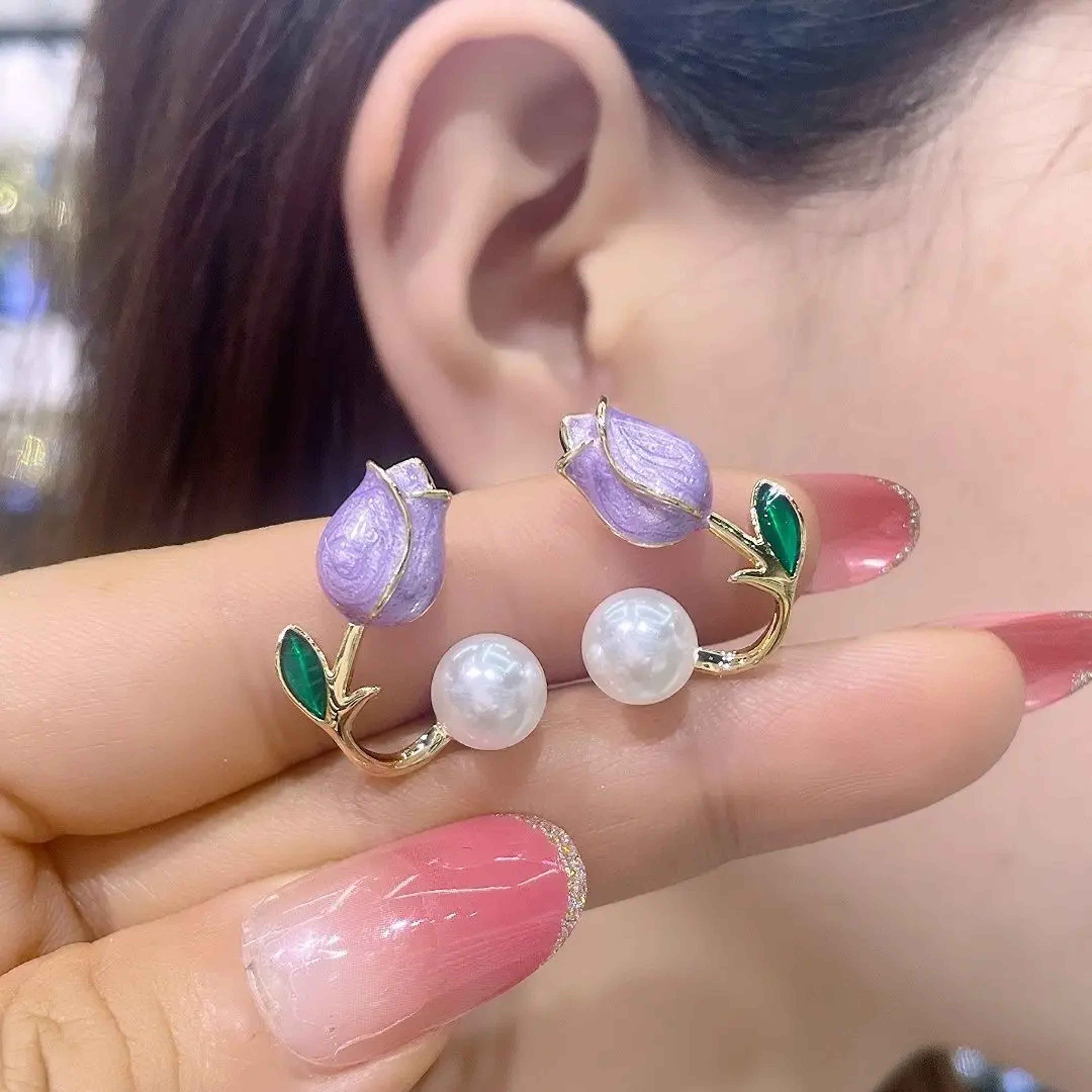 Tulip Pearl Stud Earrings for Women Enamel Flower Back Hanging Fashion Jewelry – view 5