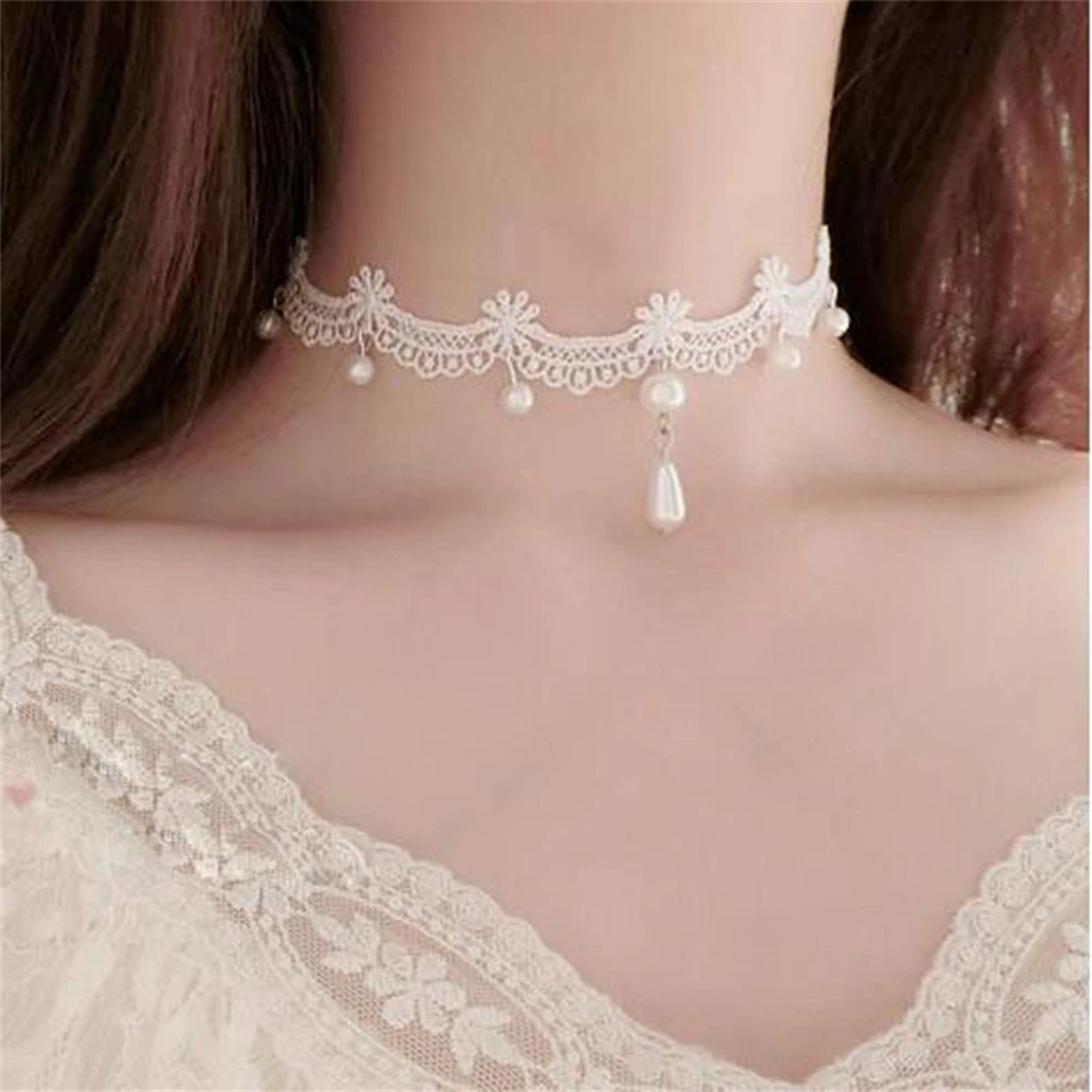 White Lace Pearl Choker Necklace Elegant Kpop Inspired Collar Jewelry For Women  Girls 0
