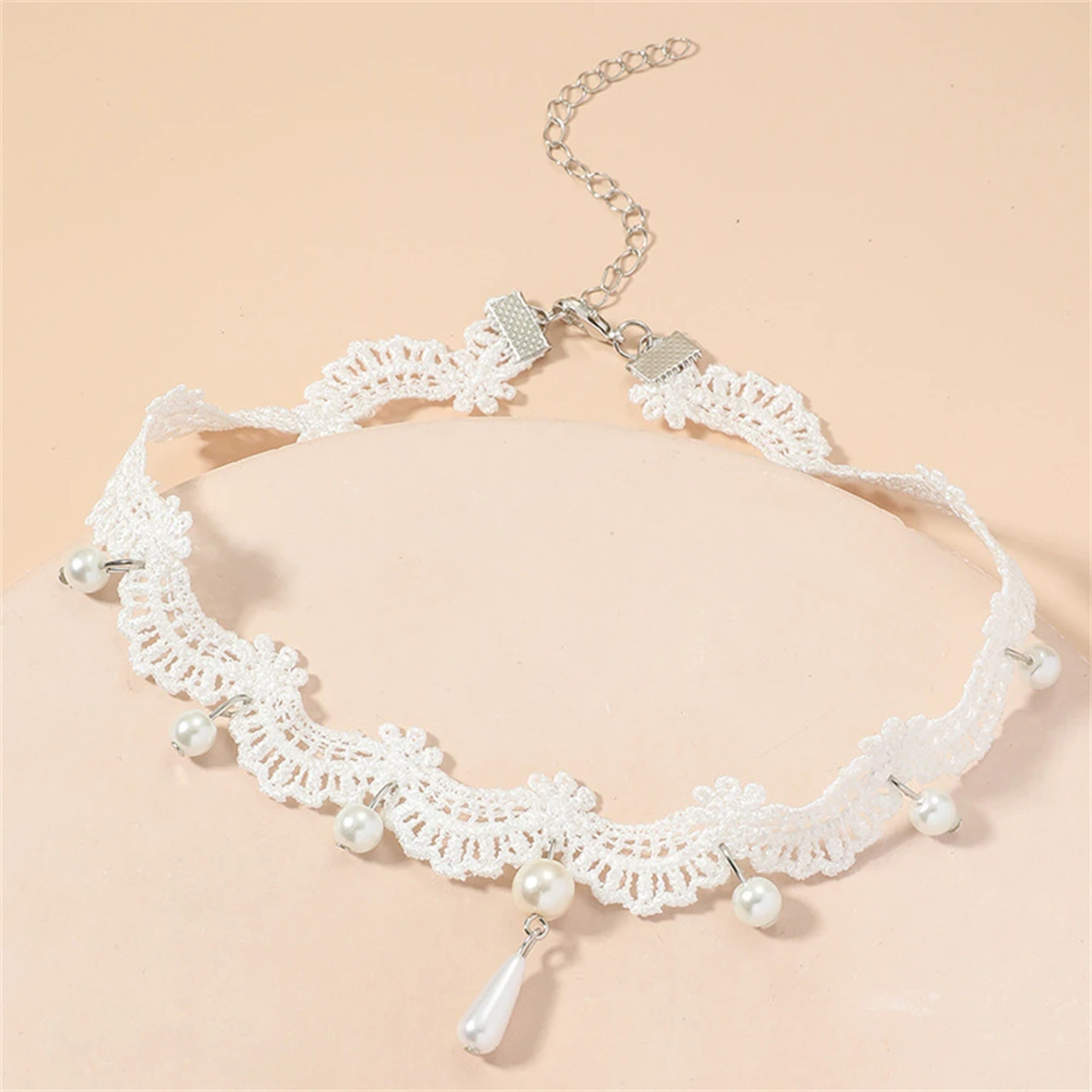 White Lace Pearl Choker Necklace Elegant Kpop Inspired Collar Jewelry For Women  Girls 3