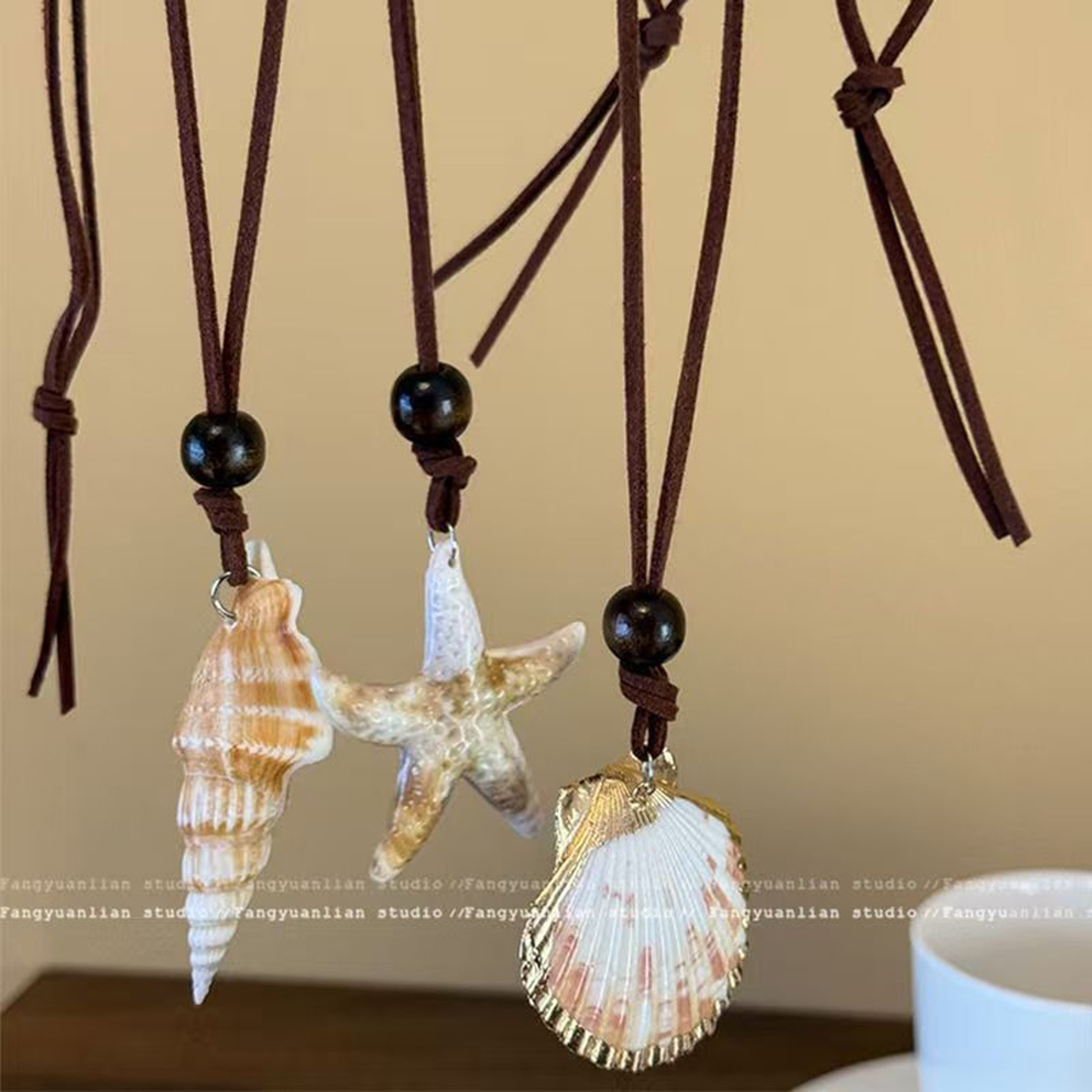 Boho Starfish Shell Conch Pendant Necklace Faux Leather Rope Beach Jewelry for Women – view 6