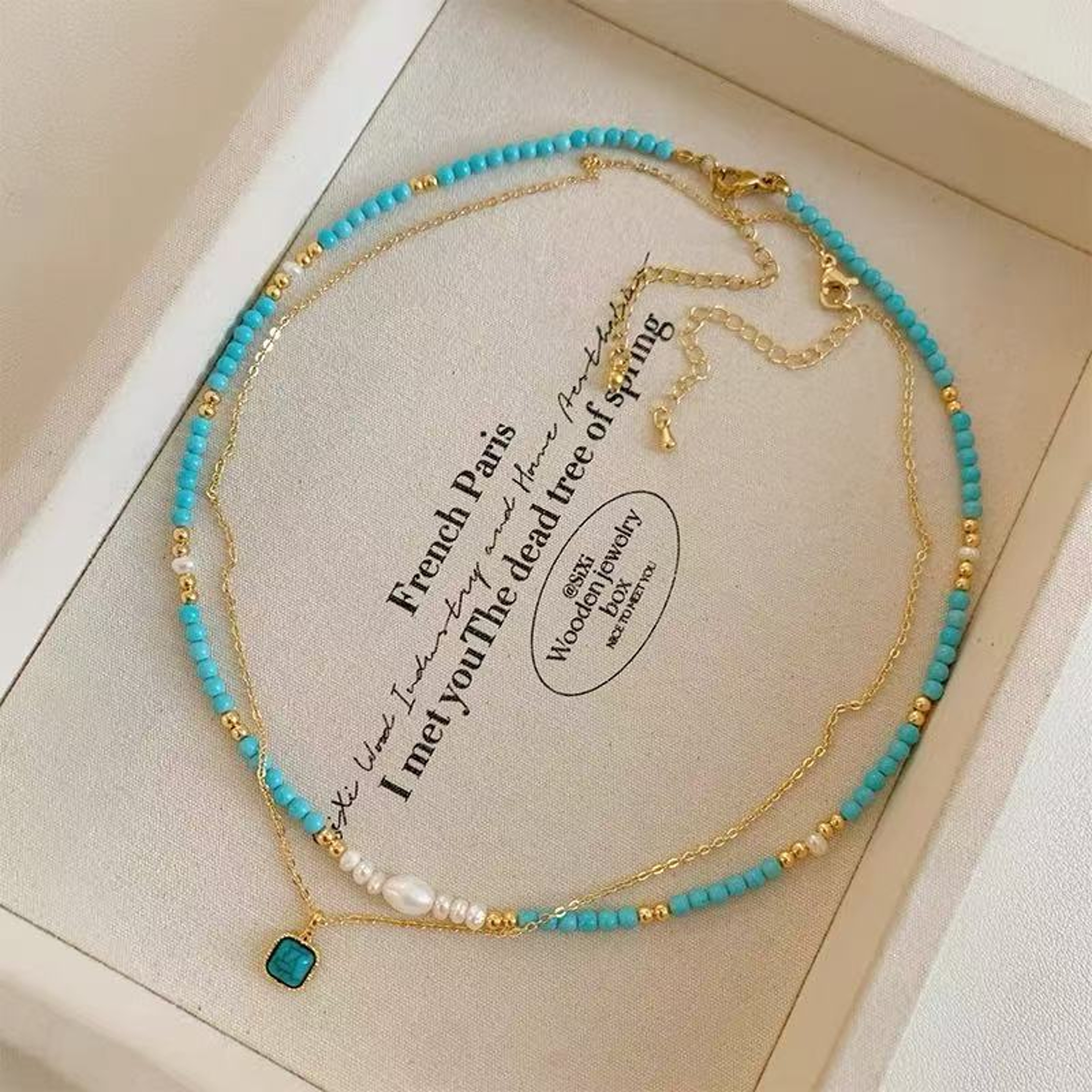 Elegant Double Layer Turquoise Pearl Layered Necklace Collarbone Chain Trendy Womens Jewelry 0
