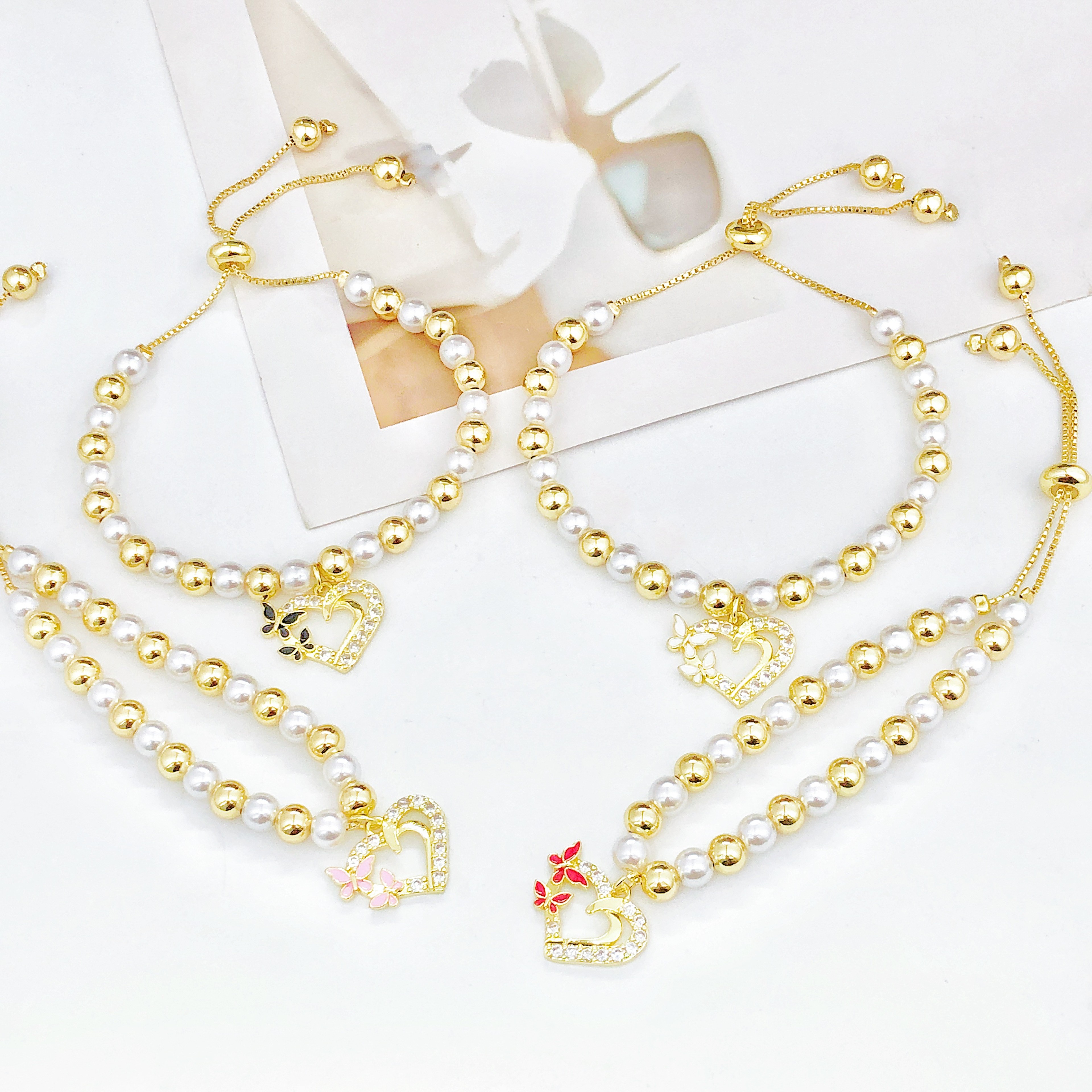 Pearl Chain Heart Pendant Bowknot Zirconia Bracelet Womens Fashion Jewelry Gift 0