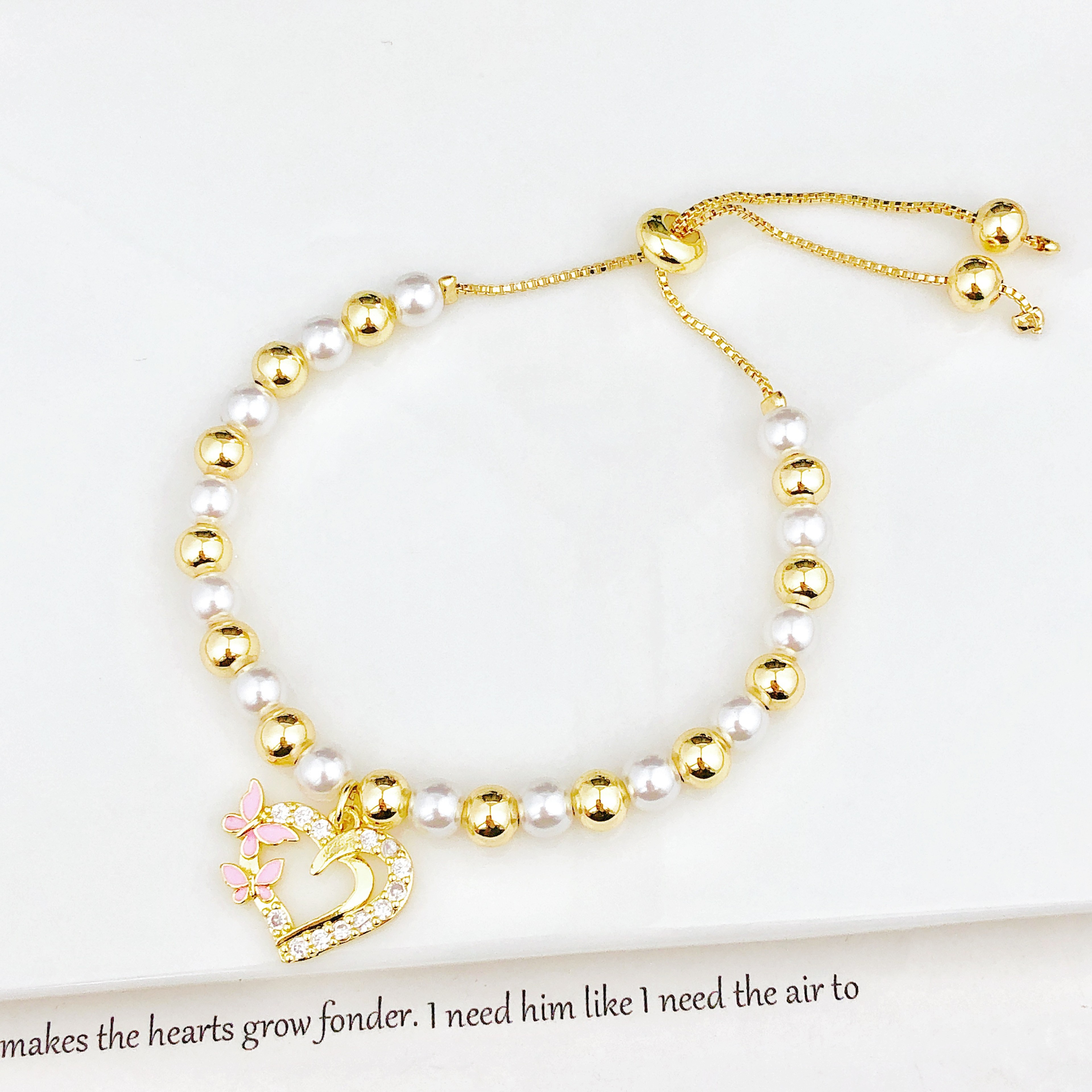 Pearl Chain Heart Pendant Bowknot Zirconia Bracelet Womens Fashion Jewelry Gift 3