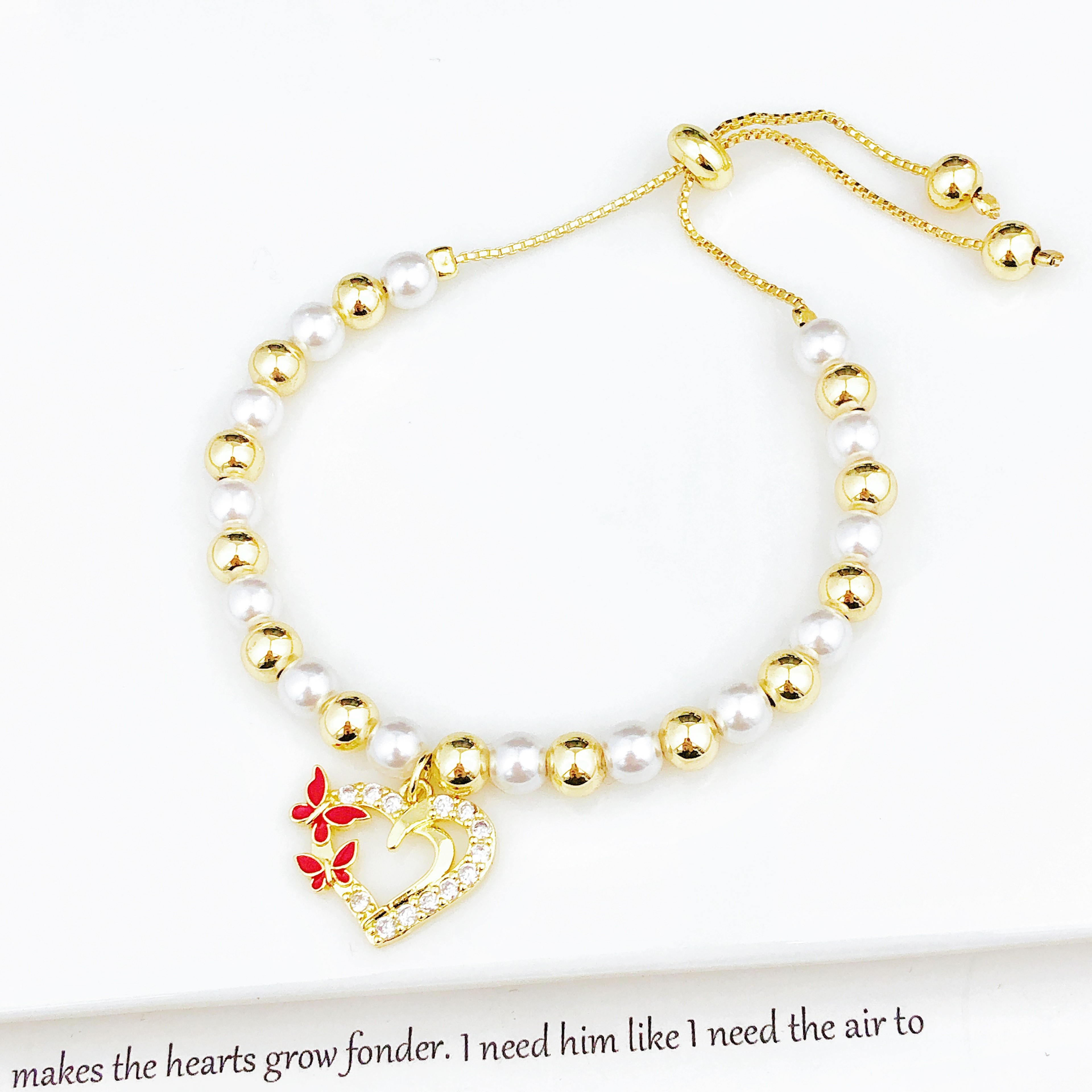 Pearl Chain Heart Pendant Bowknot Zirconia Bracelet Womens Fashion Jewelry Gift 10