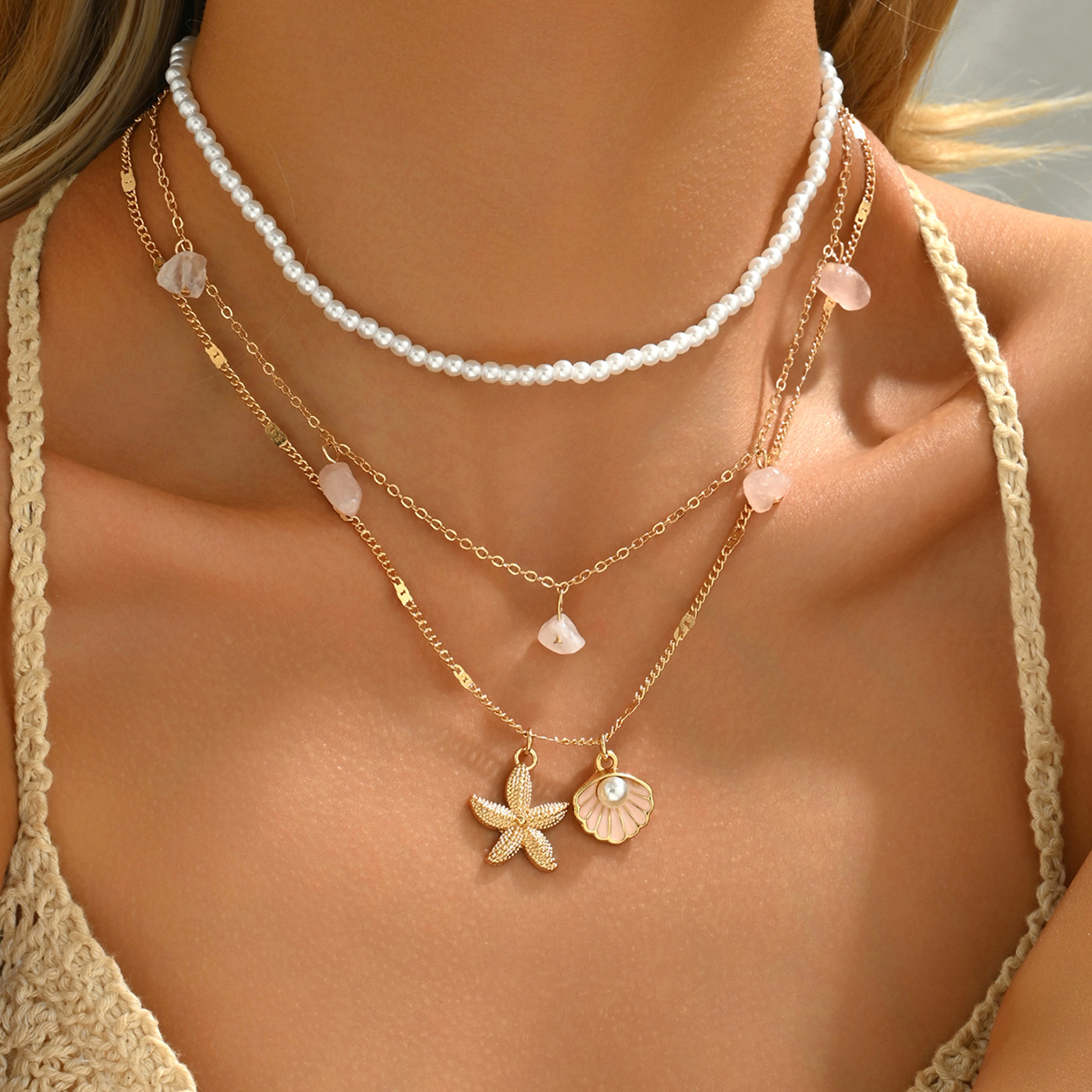 Boho Layered Starfish Shell Necklace Set Faux Pearl Beach Vacation Jewelry For Women 3