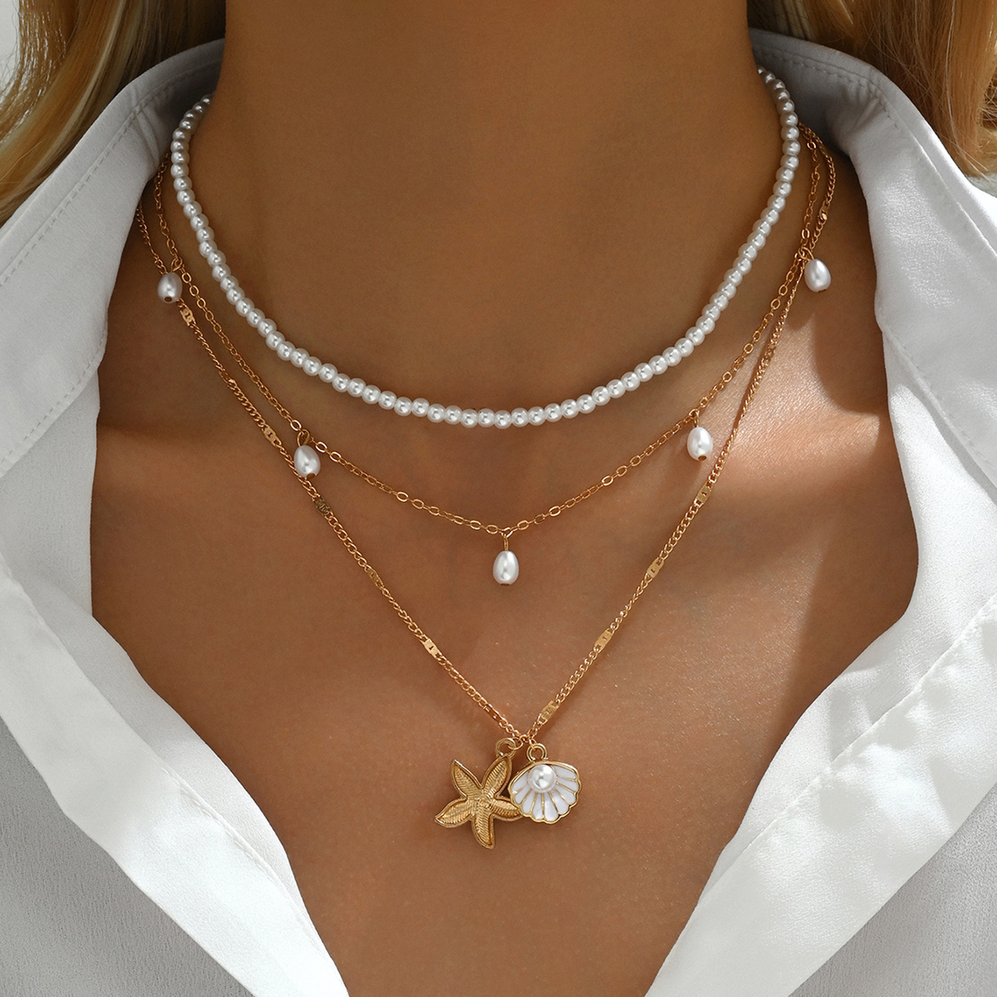Boho Layered Starfish Shell Necklace Set Faux Pearl Beach Vacation Jewelry For Women 6