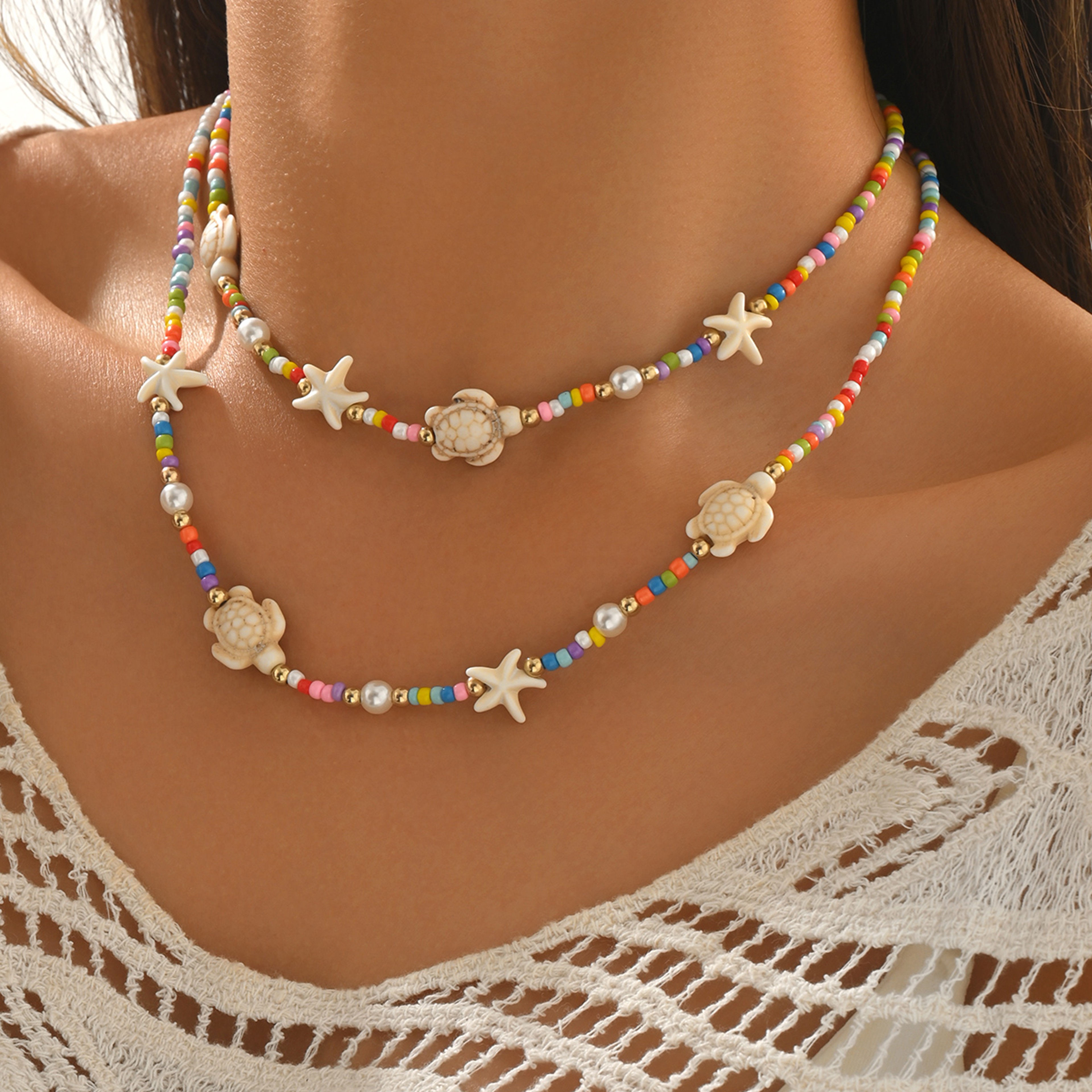 Boho Turtle Starfish Layered Beaded Choker Necklace For Beach  Vacation Wear 2