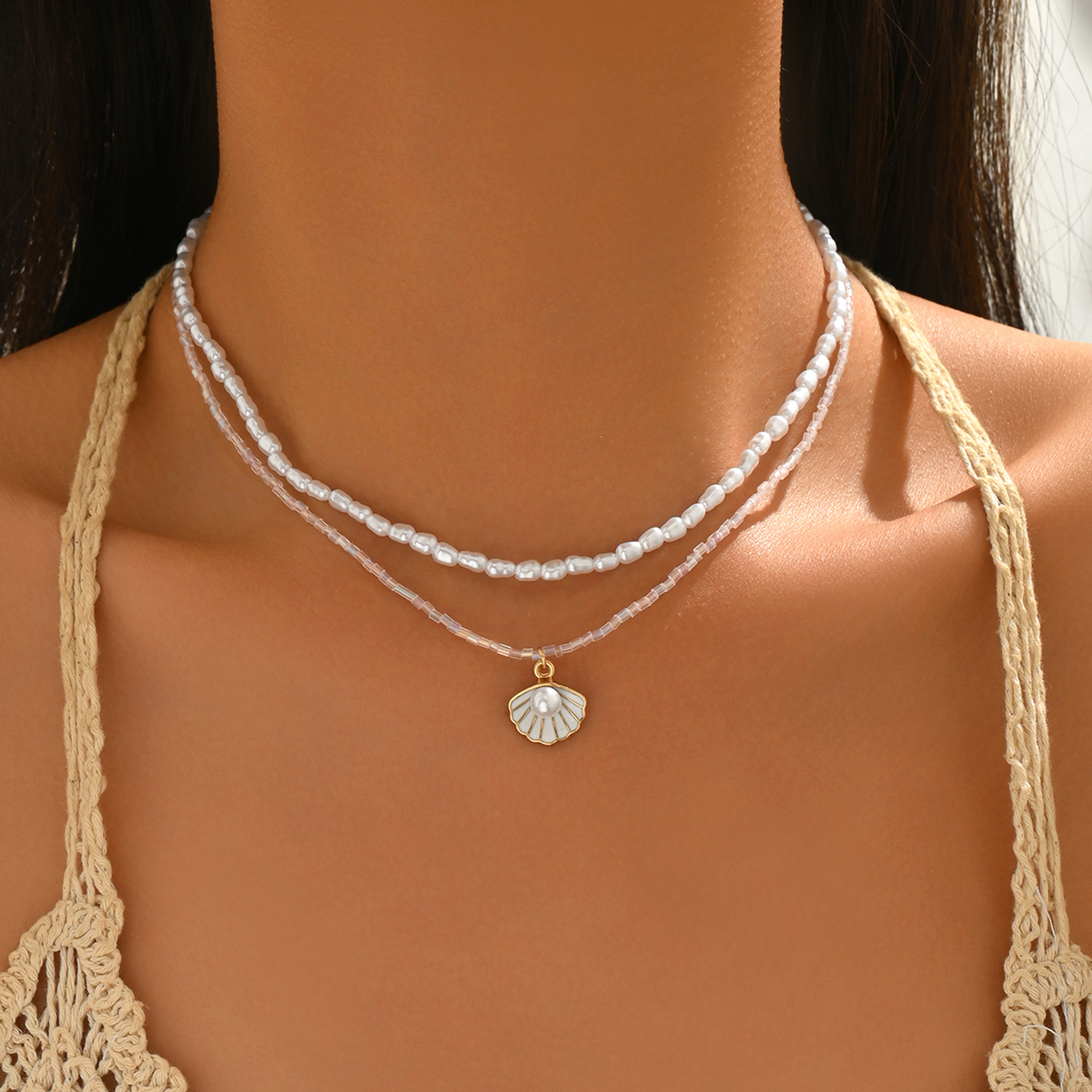 Boho Layered Pearl Shell Necklace Set Adjustable Glass Bead Beach Jewelry 4