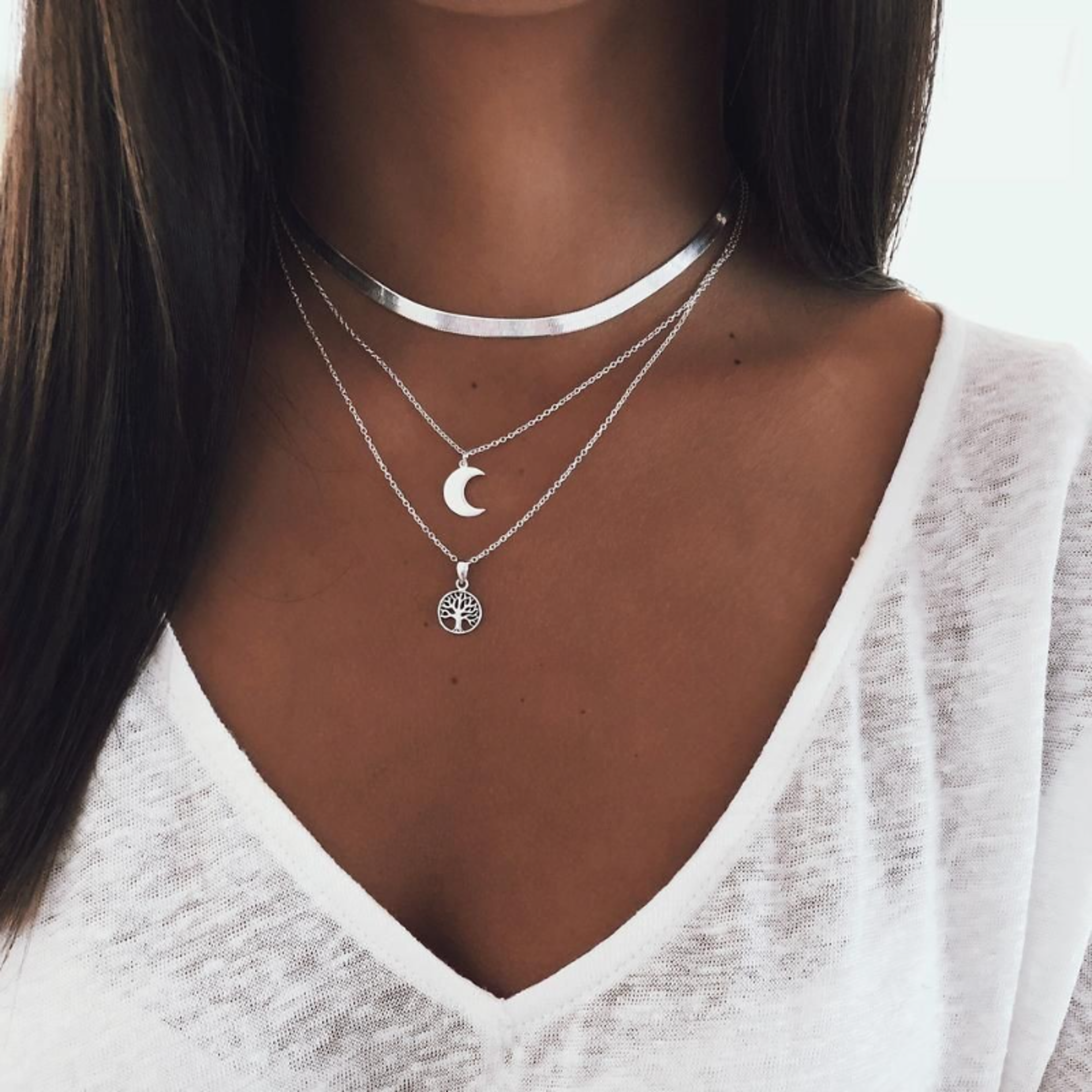 Celestial Tree Of Life Layered Moon Necklace Boho Stainless Steel Choker For Women 0
