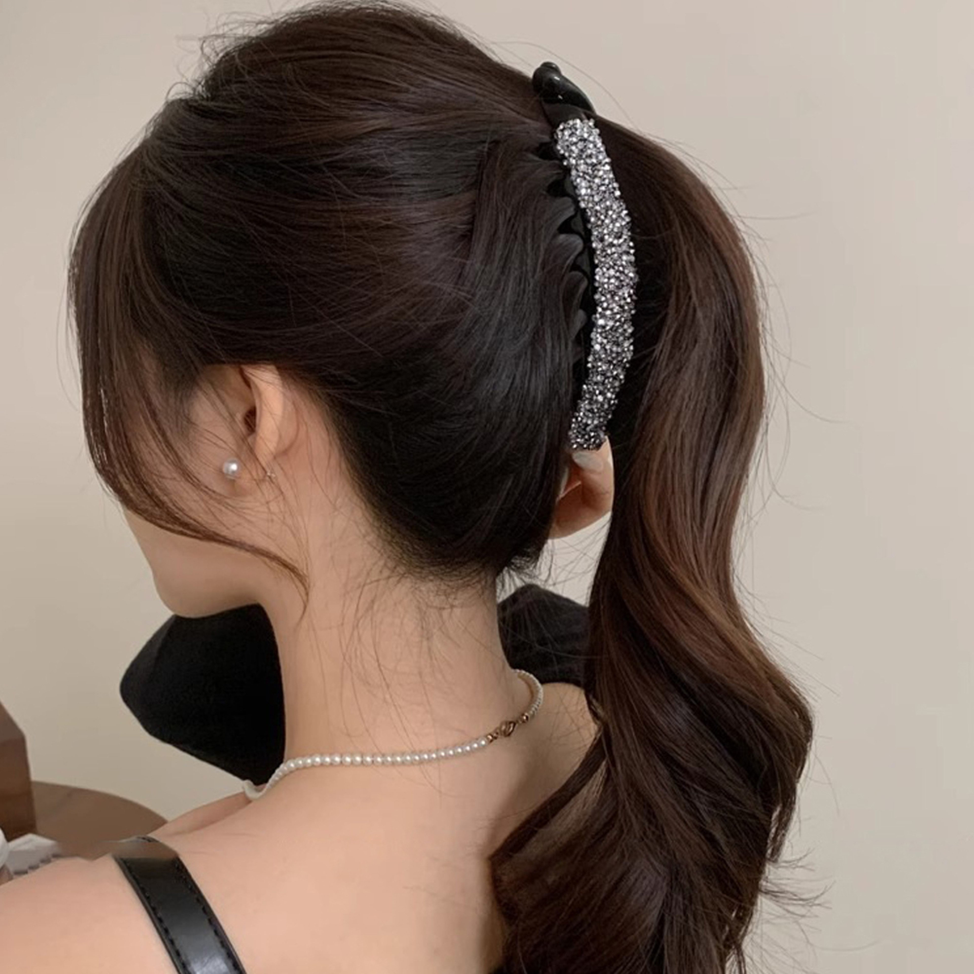 Crystal Pearl Banana Hair Clip Elegant Rhinestone Ponytail Holder for Women & Girls – view 2