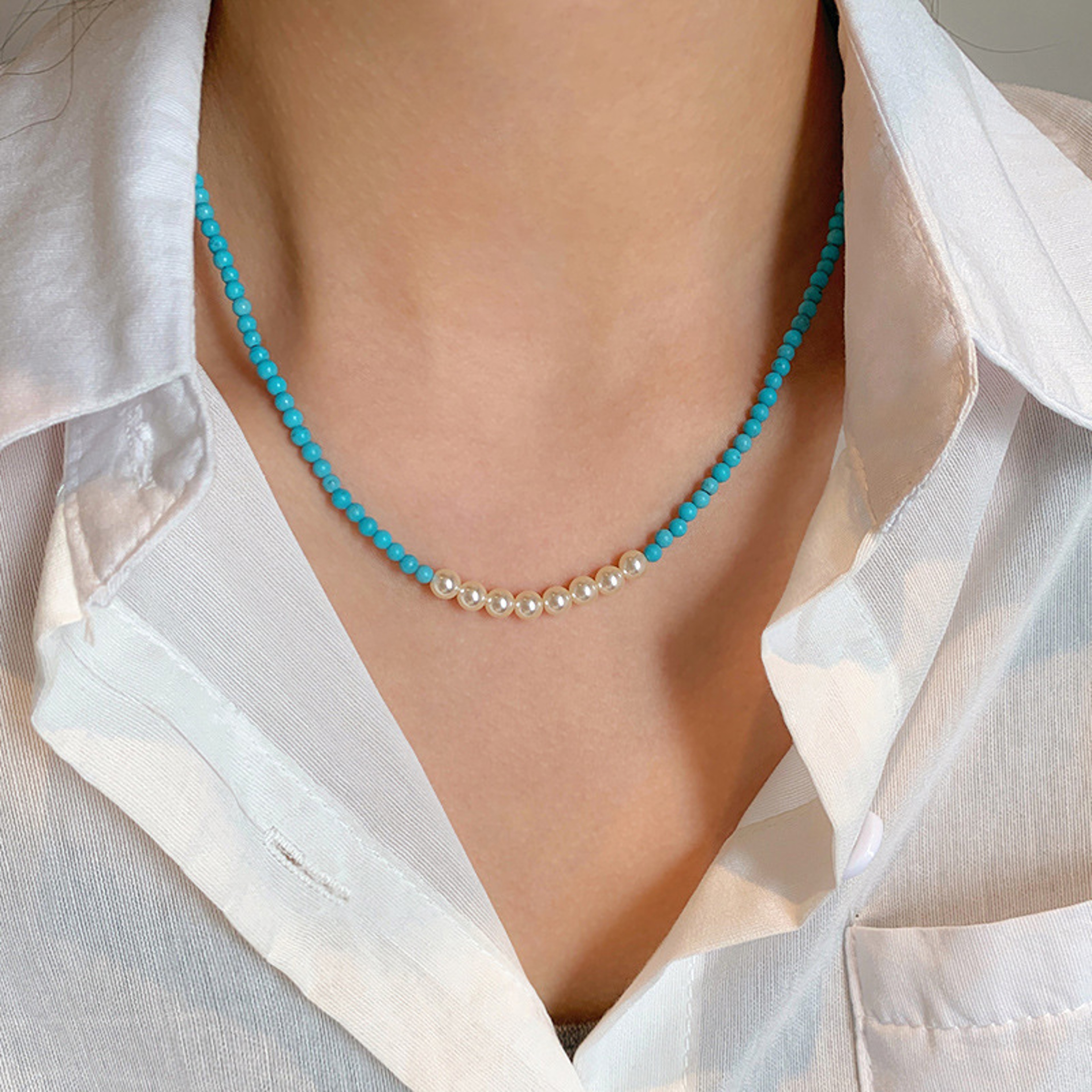 Turquoise Pearl Collarbone Pendant Necklace Elegant Blue Gemstone  Pearl Choker For Women 0
