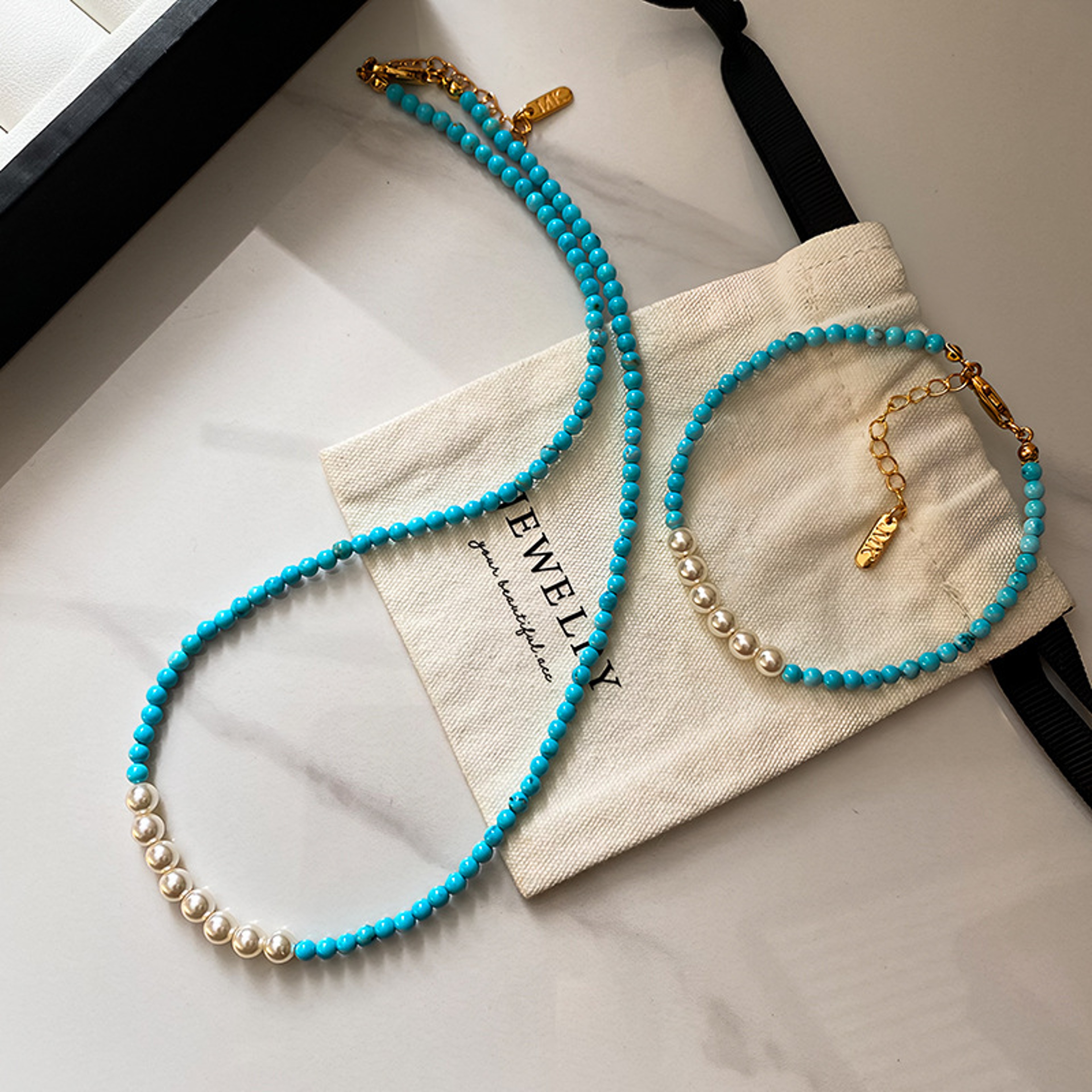 Turquoise Pearl Collarbone Pendant Necklace Elegant Blue Gemstone  Pearl Choker For Women 1