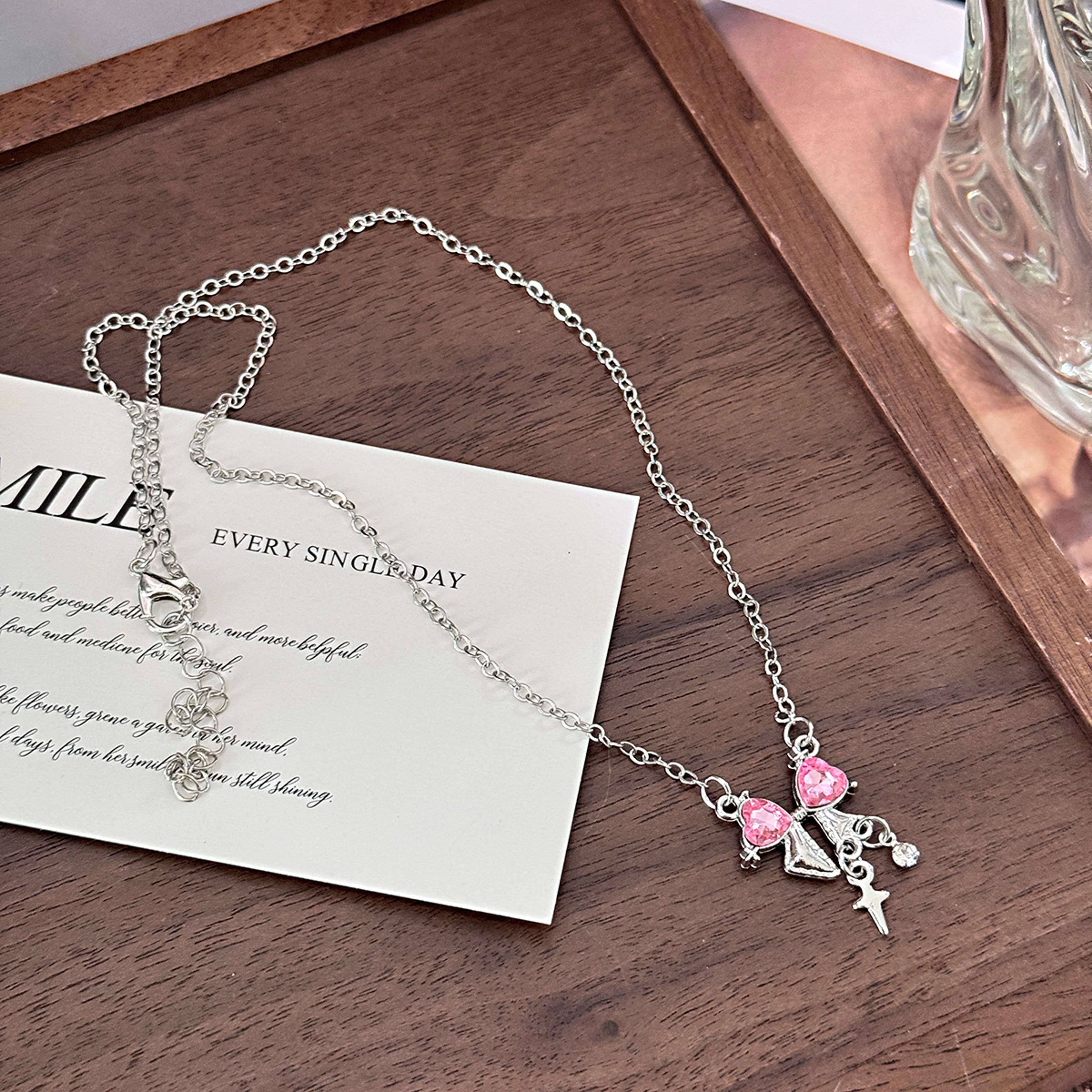 Sweetheart Bow Charm Necklace Pink Heart Pendant  Star Drop Chain For Women 3