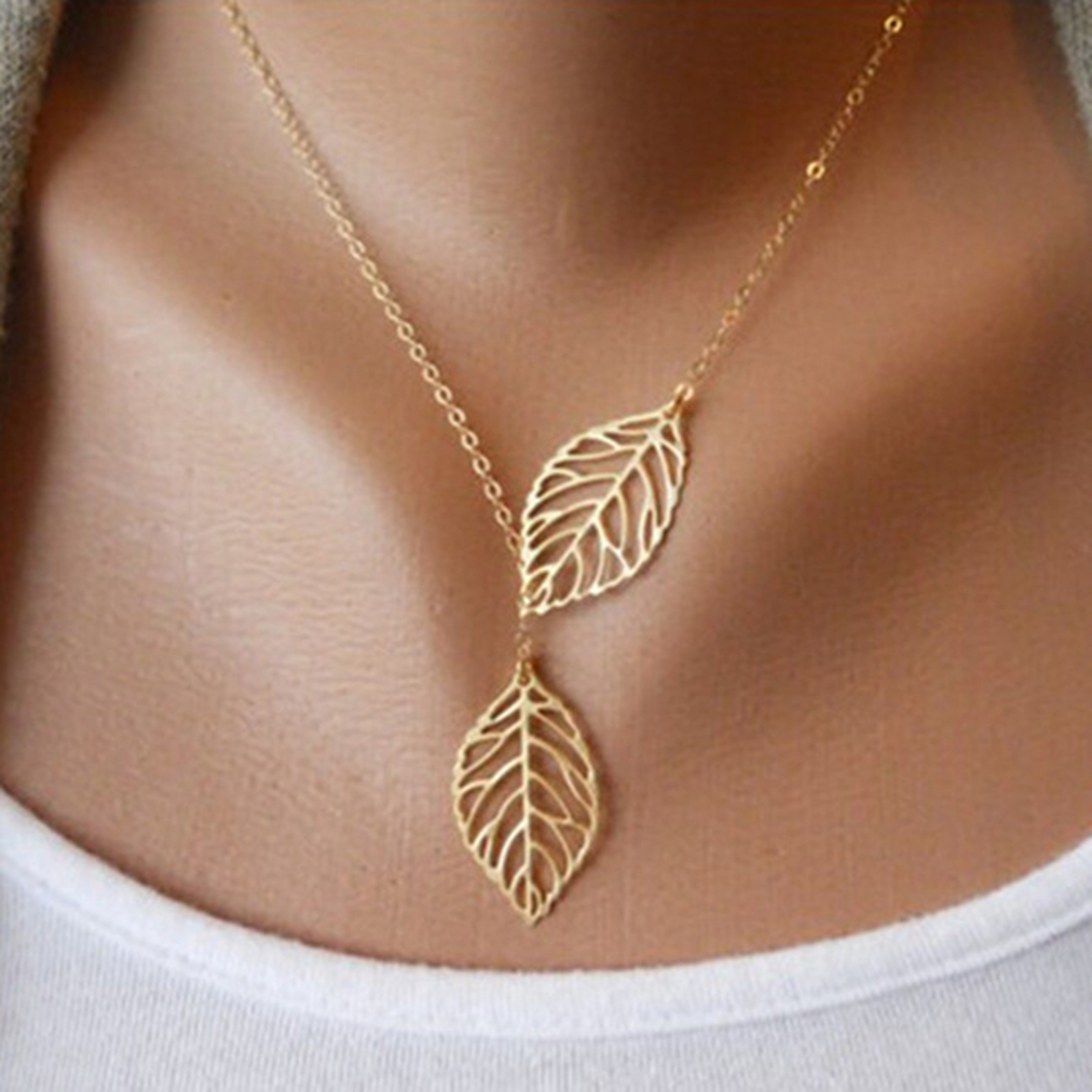 Boho Double Leaf Pendant Necklace For Women Minimalist Leaf Necklace Clavicle Jewelry Gift 6