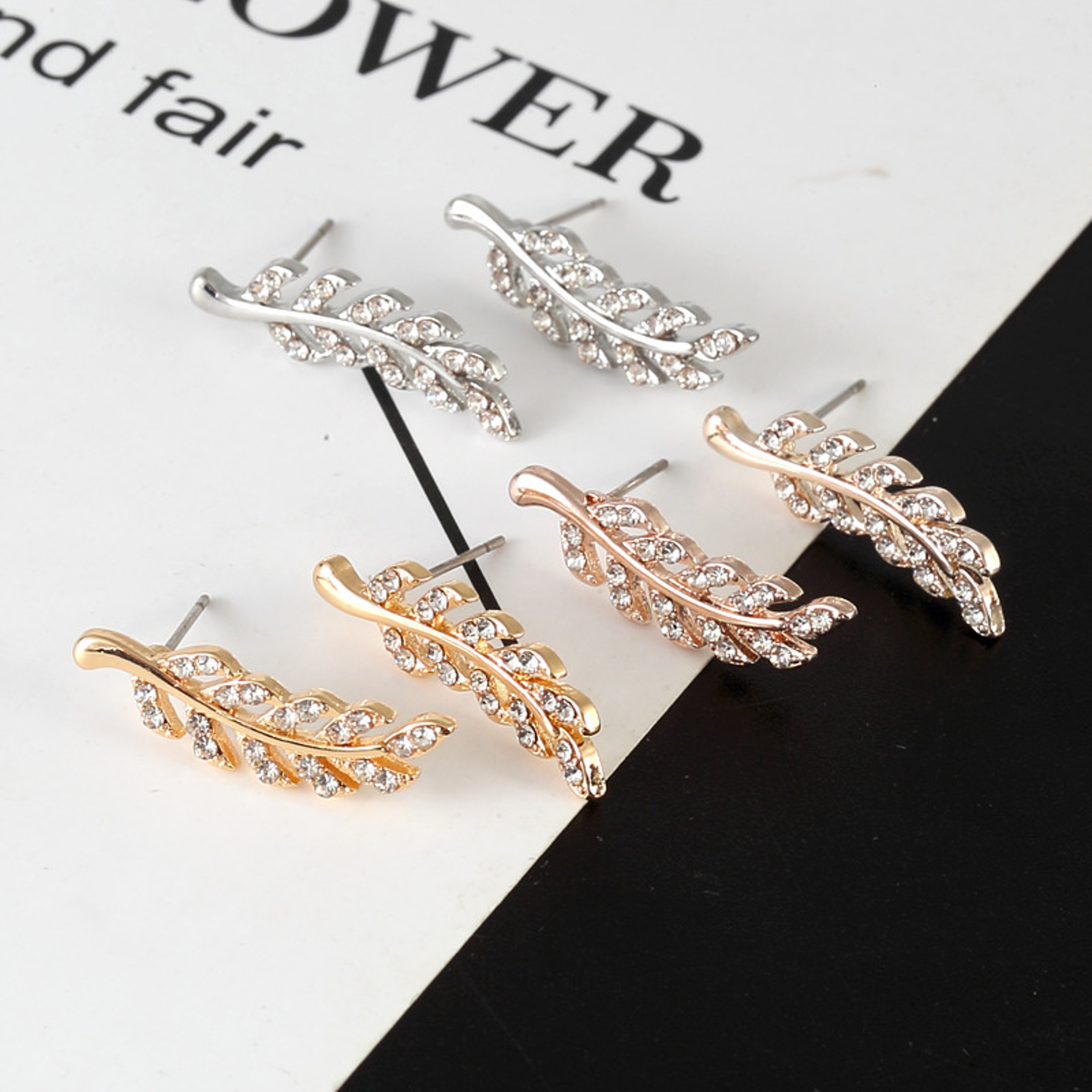 Crystal Feather Leaf Stud Earrings For Women Elegant Gold  Silver Crystal Jewelry 3